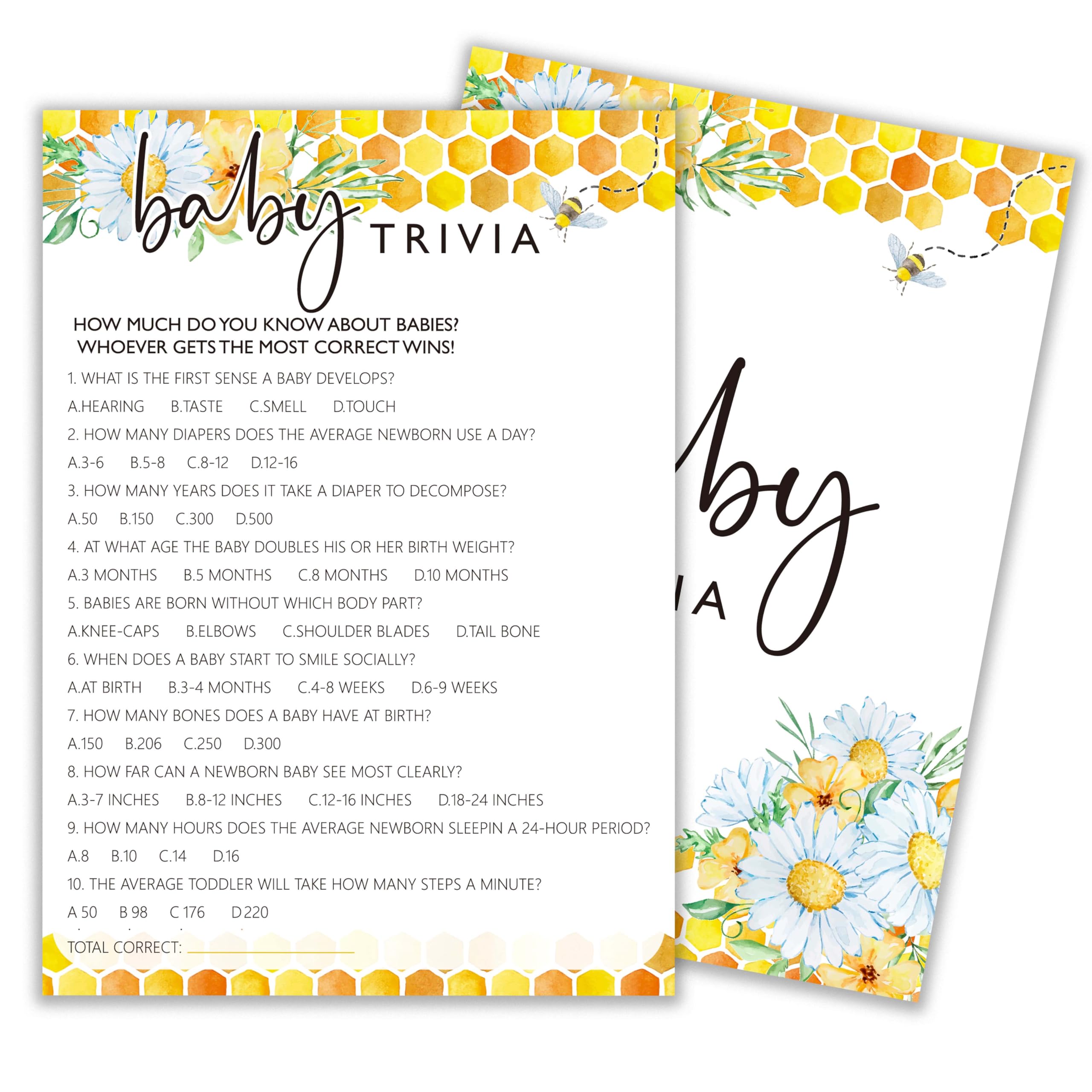 Juegos de abejas para baby shower, juego de trivia para bebés, decoraciones de baby shower de margaritas de verano, suministros de fiesta de género neutro y regalo, 5 x 7 pulgadas y juego de 25