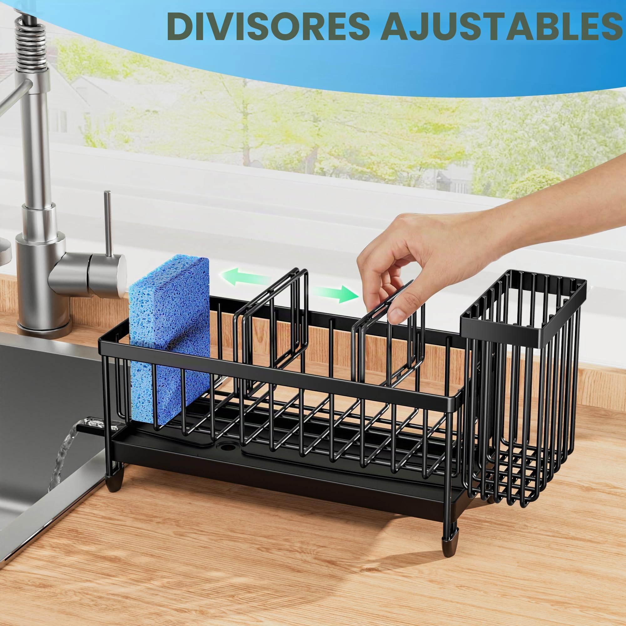 Cisily Portaesponjas para fregadero de cocina, organizador de fregadero con soporte alto para cepillos, acero inoxidable 304, divisor para jabón y almacenamiento del dispensador, negro