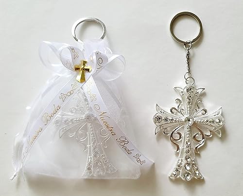 12 Nuestra Boda requerdos de organza con Llaveros Plateados de Cruz party set 12 pieces