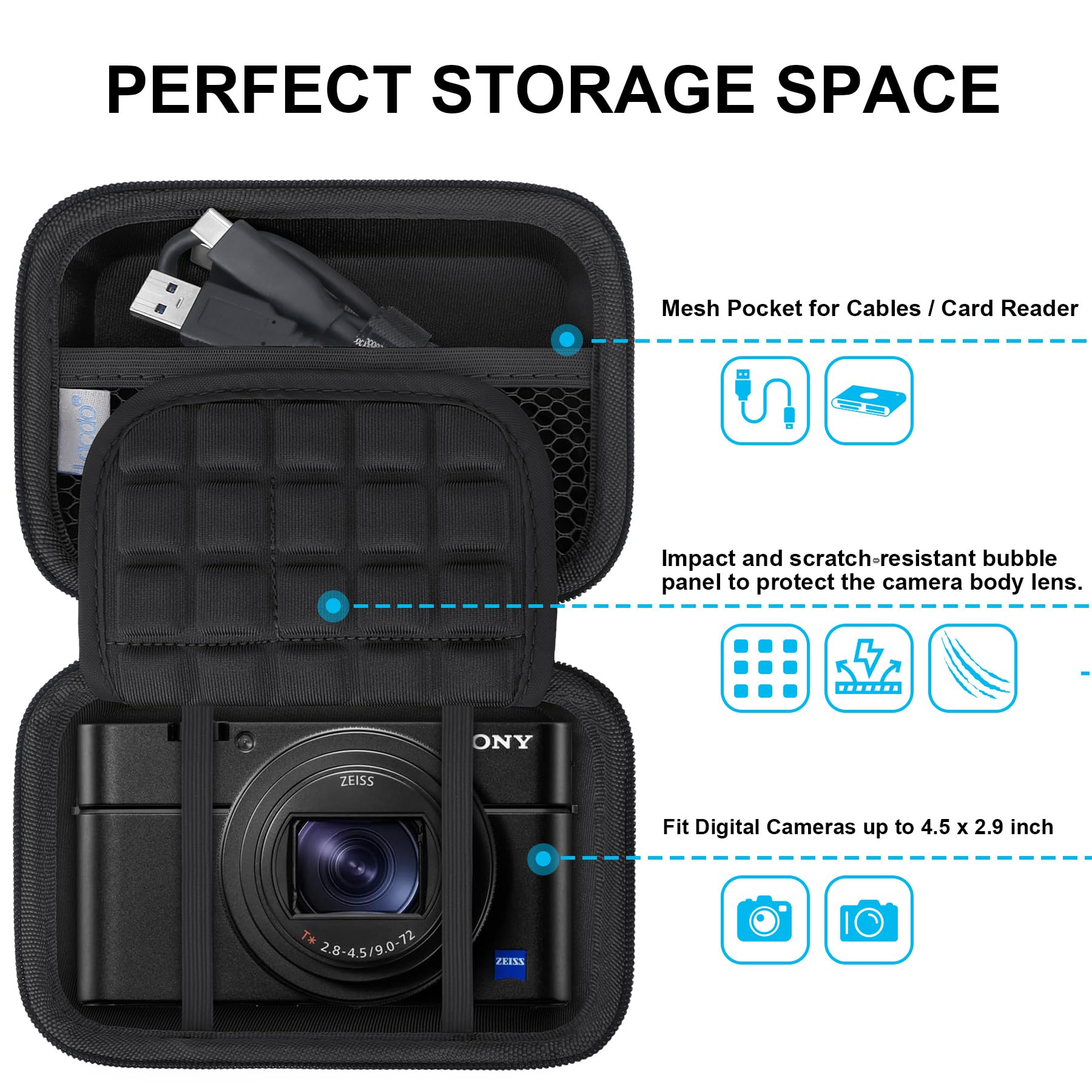 Lacdo Futerał na aparat fotograficzny dla Sony RX100 VII VI V IV III Compact Digital Camera, Torba na aparat do Vlogging typu Point-and-Shoot, pasuje do Kabla USB, Czarny+Czarny