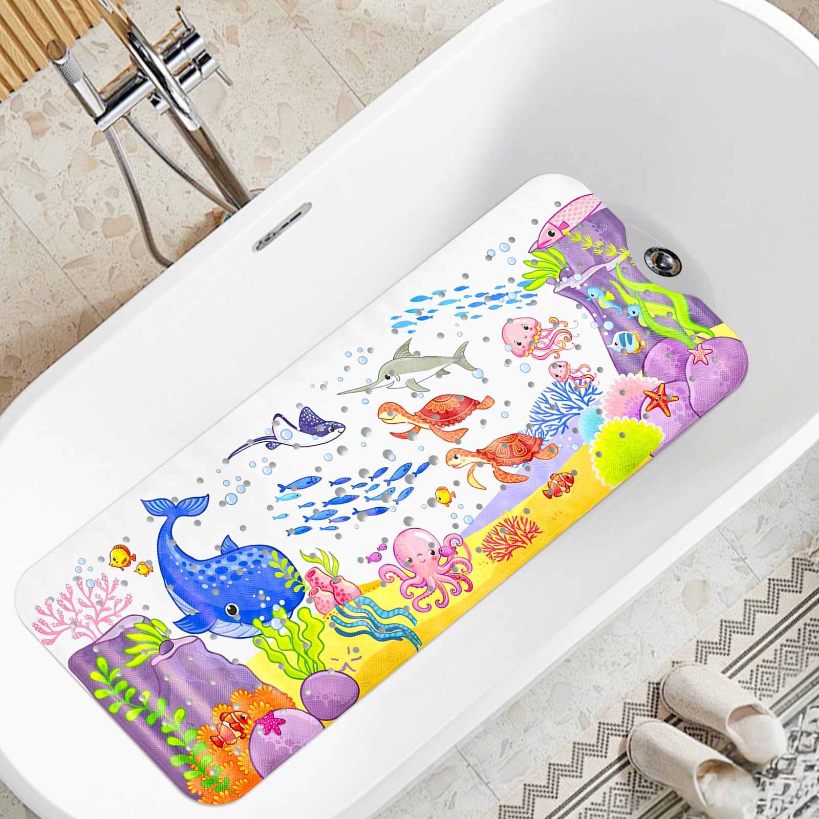 Baby Bath Mat Non Slip Anti Mould, 100 x 40cm Extra Long Bath Shower Tub Mat with Suction Cups and Drain Holes, Cartoon Patterned Kids Shower Mats, Machine Washable (Underwater World)