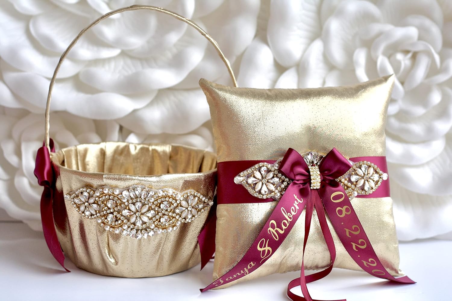 Flower Girl Basket and Ring Bearer Pillow Set in Gold and Burgundy Color + Personalization