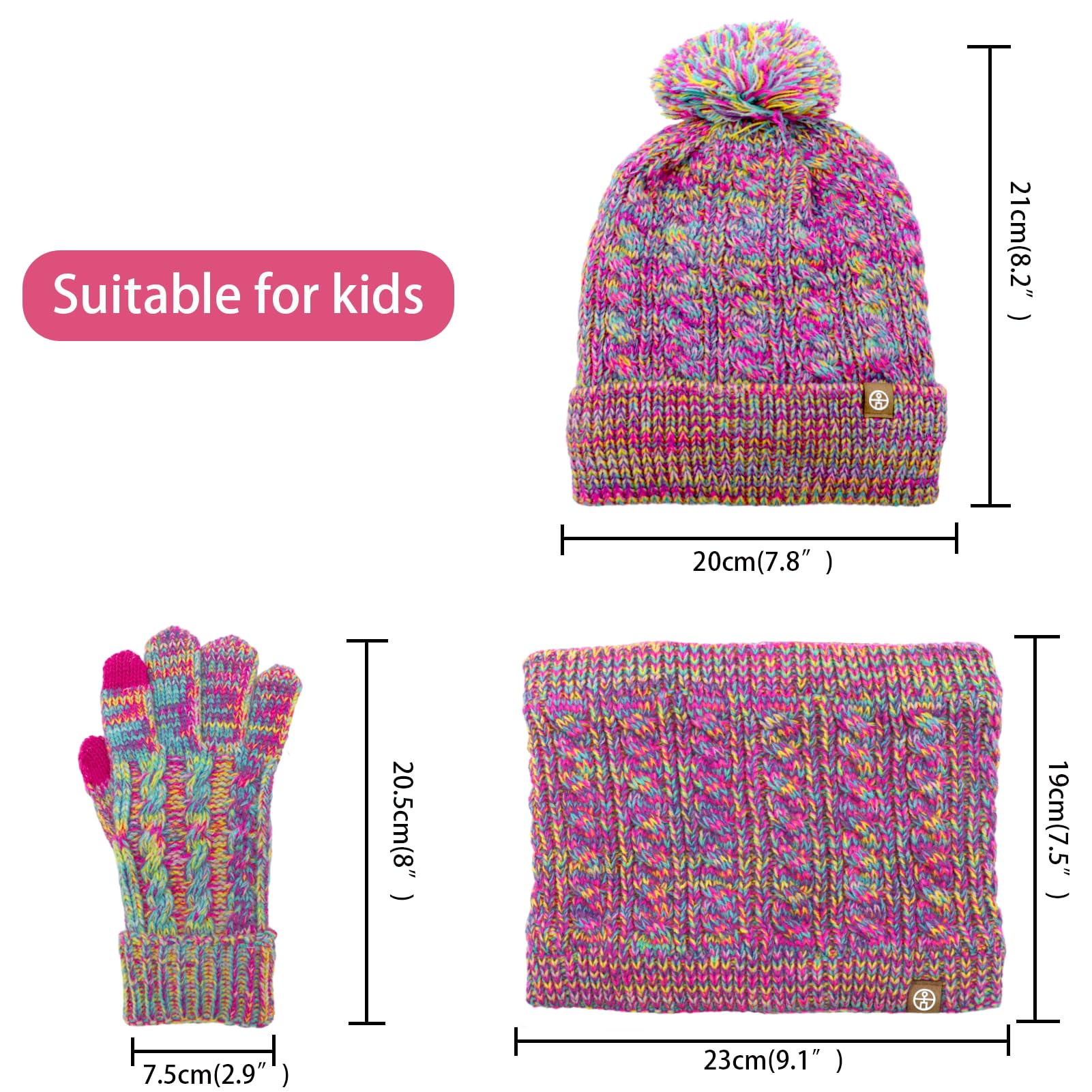 Lifup Conjunto de Bufanda Gorro y Guantes, Invierno Cálido Sombrero de Punto con Pompon, Beanie Forro Polar Niños Set para Niños Niñas 5-10 Años
