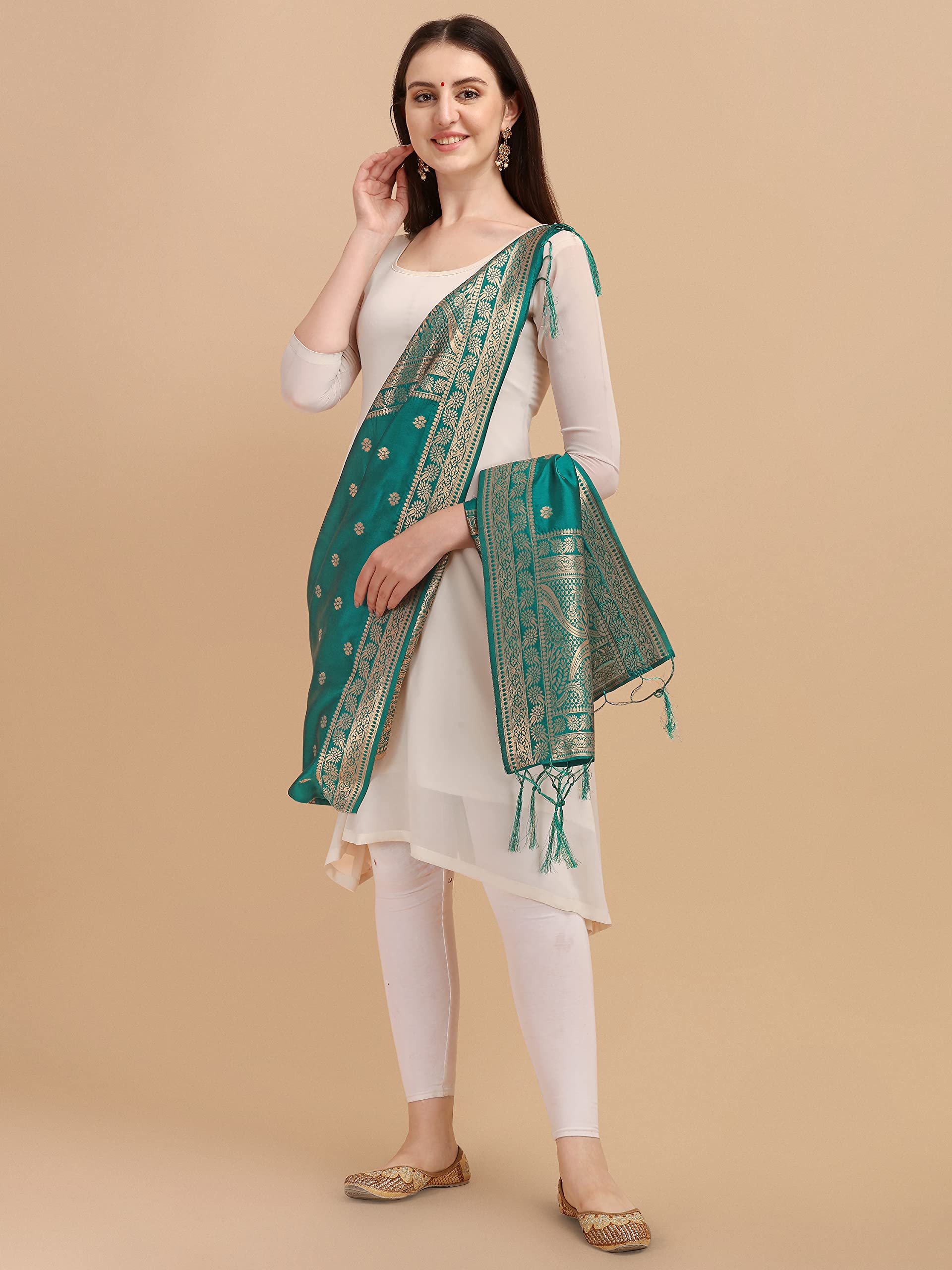 DEVANGI Women's Woven Banarasi Silk Zari Dupatta/Chunni, Width 1 Meter, Length 2.5 Meter (OM-DT-06-RAMA)