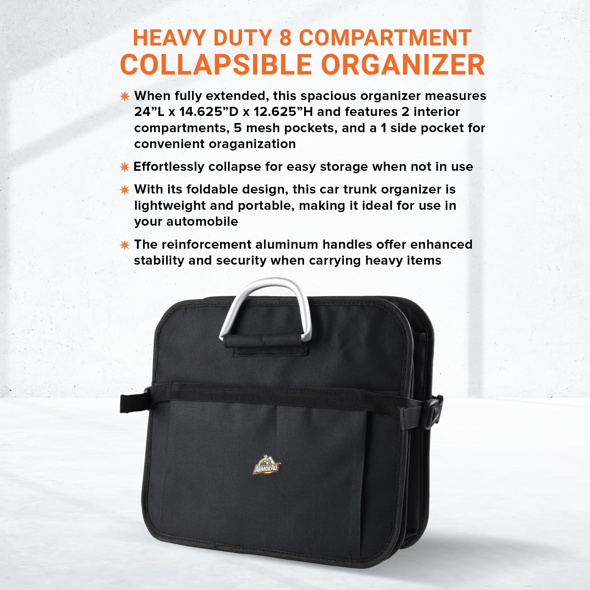Armor All Kofferraum-Organizer für SUV und Auto, XL, robust, 8 Fächer, zusammenklappbar, wasserdicht, 2 Fächer und 6 Taschen, 61 x 37,1 x 32 cm, Aluminium-Griffe, Kompressionsschnallen