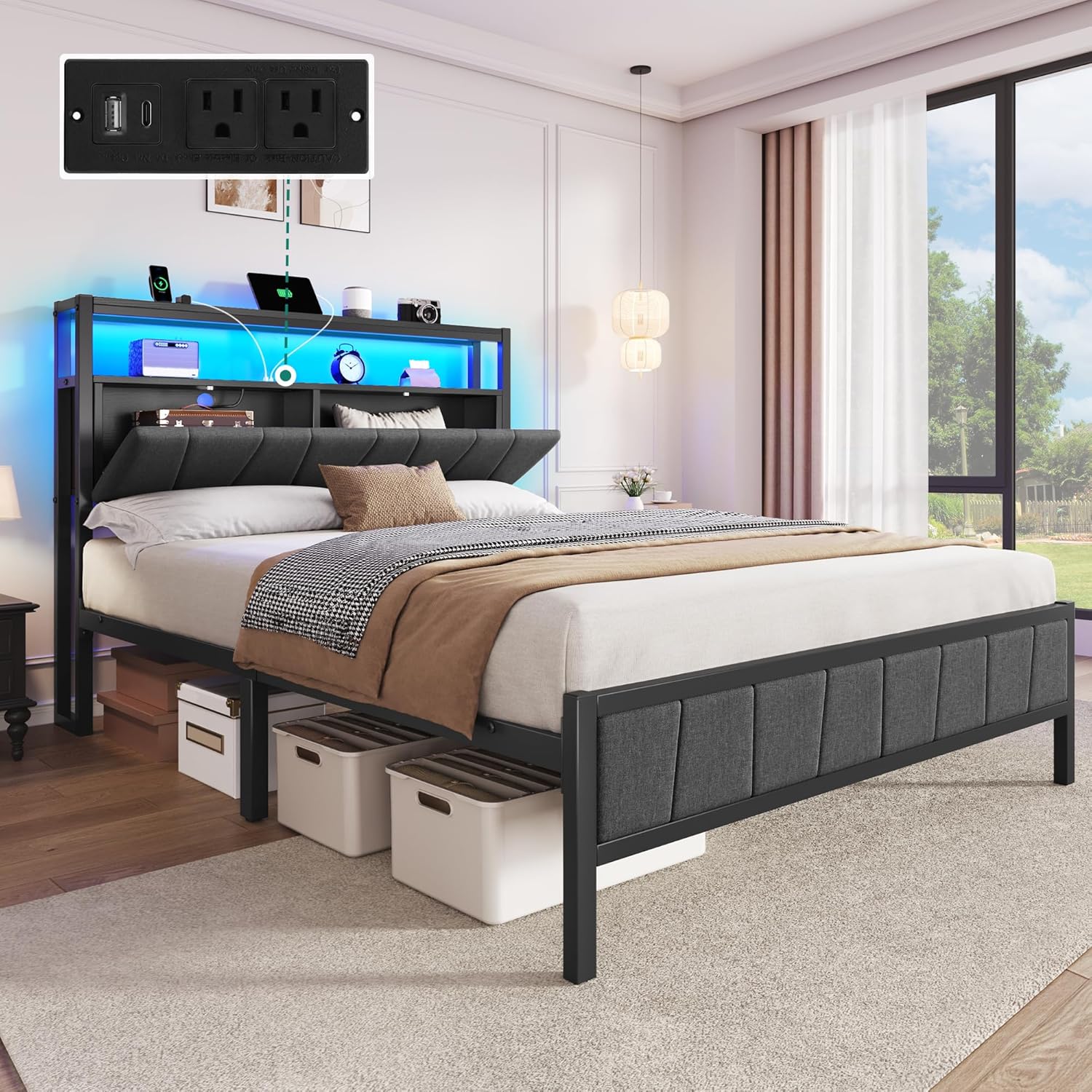 YITAHOME Full Bed Frame with Storage Headboard, Upholstered LED Platform Bed with Charging Station, Heavy-Duty Metal Slats, No Box Spring Needed, Fast Assembly - Gray Grey Full
