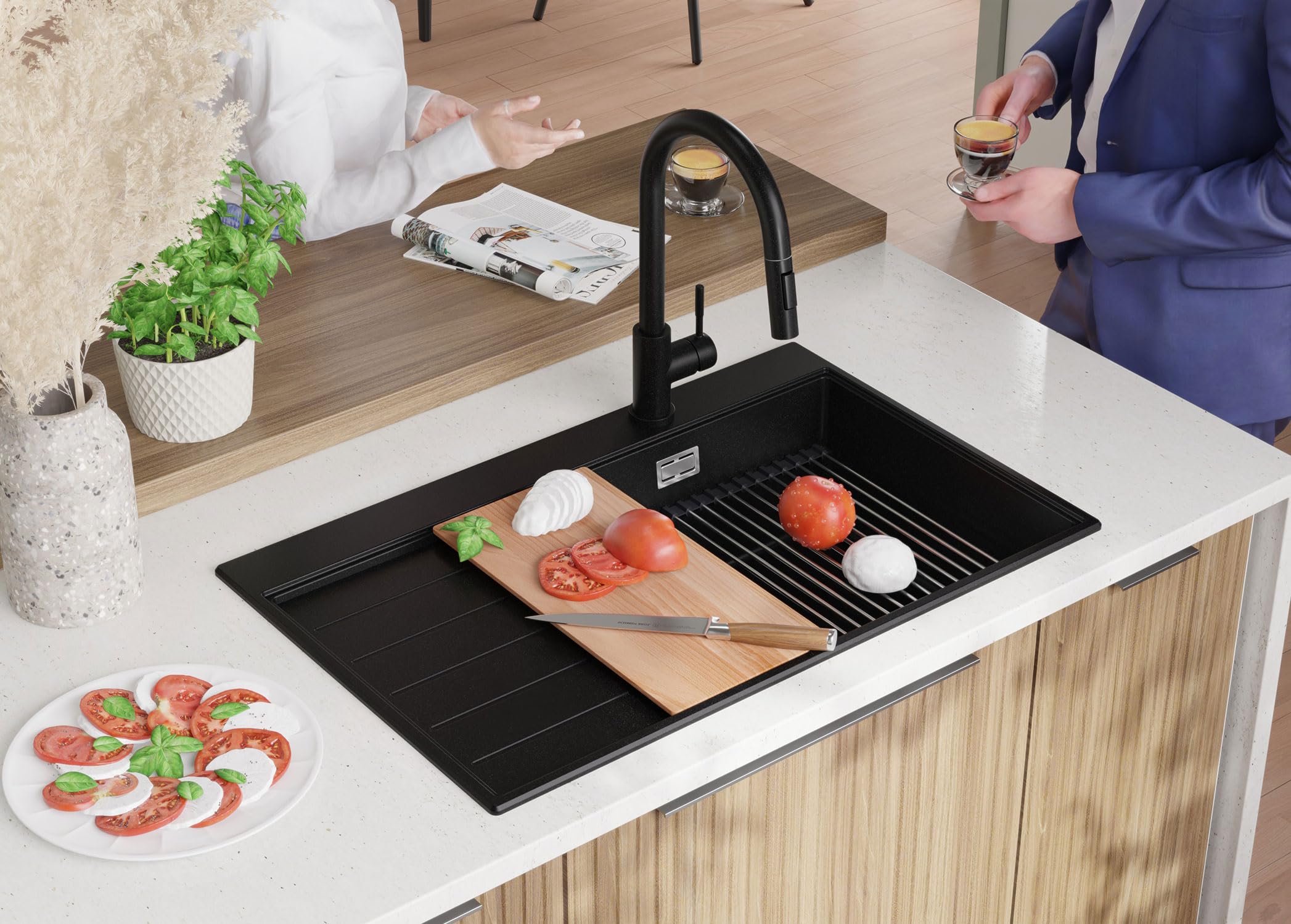 PRIMAGRAN Lavandino da Cucina Nero 78x50cm, Lavello in Granito a 1 vasca + Rubinetto 40x20cm + Set di accessori, Lavabo da Cucina Incasso al Mobile 50cm - Sydney Ergo S303