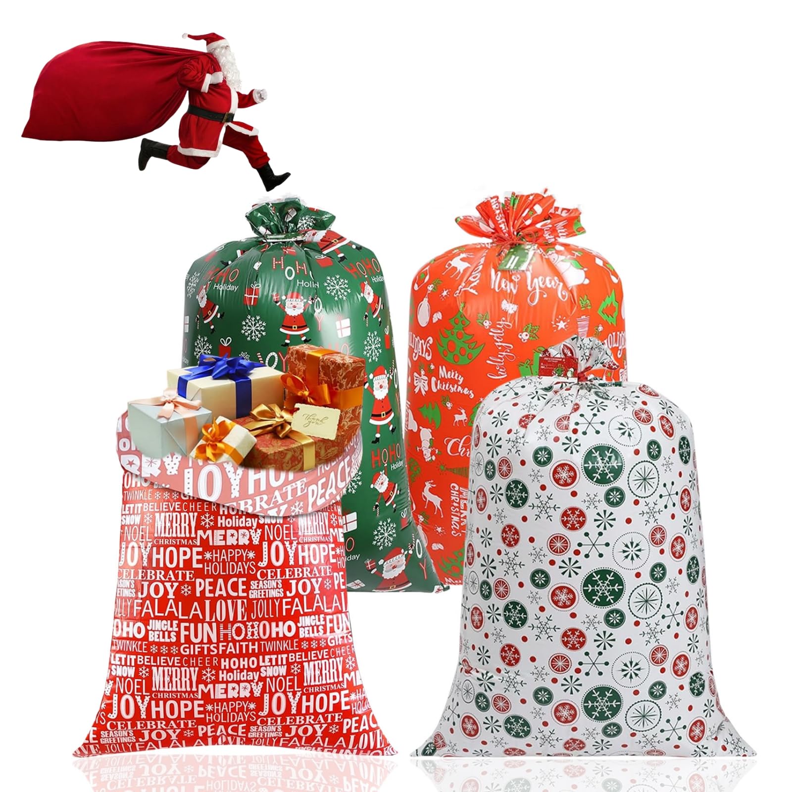 142*92cm Jumbo Christmas Bags Reusable Extra Large Christmas Sacks with Gift Tag,4p Giant Gifts Bag Red Green White Gift Wrapping Bag for Winter Holiday Party Favors Oversize Xmas Present Storage Bags