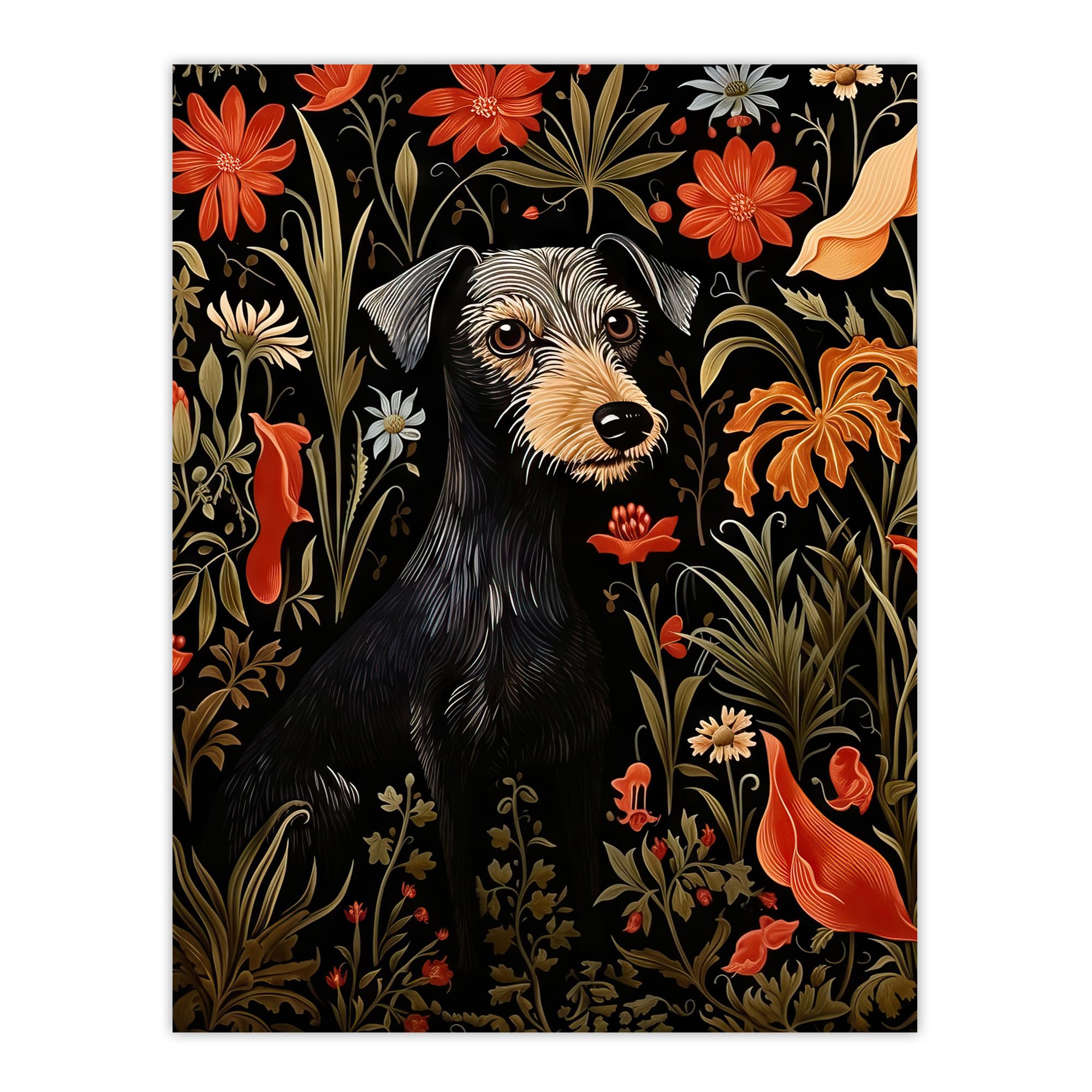 Artery8 Black Irish Terrier Dog On Elegant Floral Backdrop William Morris Style Pattern Artwork Large Wall Art Poster Print Thick Paper 18X24 Inch