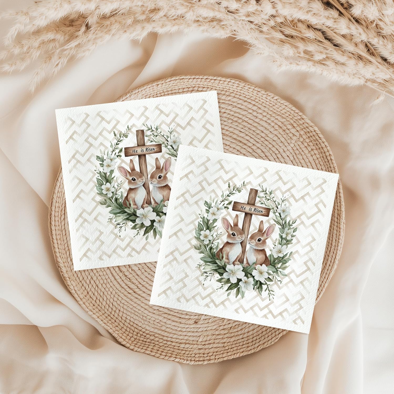 Glory Bound Easter Paper Napkins, He is Risen Design with Bunnies, 3-Ply, Set of 50/100, White (White, 4.75" (50 Pack))