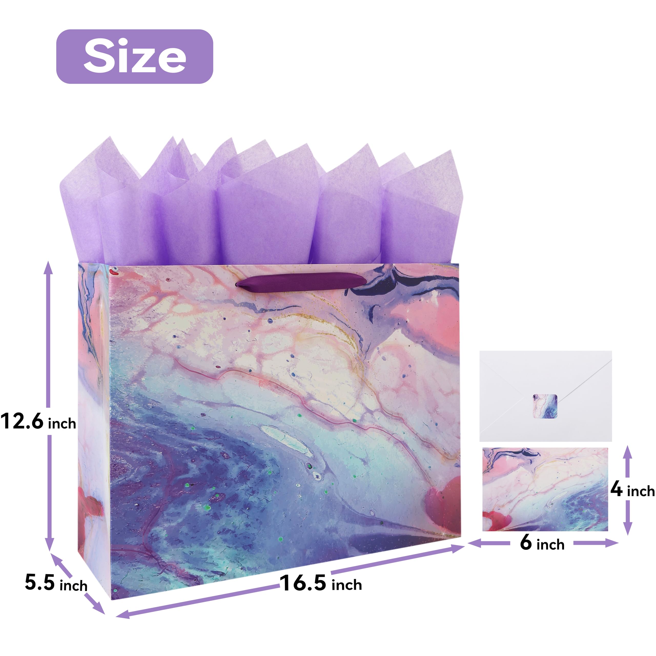 Juego de bolsas de regalo de mármol morado extra grande de 16.5 pulgadas con asas, tarjeta de felicitación, papeles de seda y calcomanías para mujeres, niñas, niños, adolescentes, para cumpleaños, día