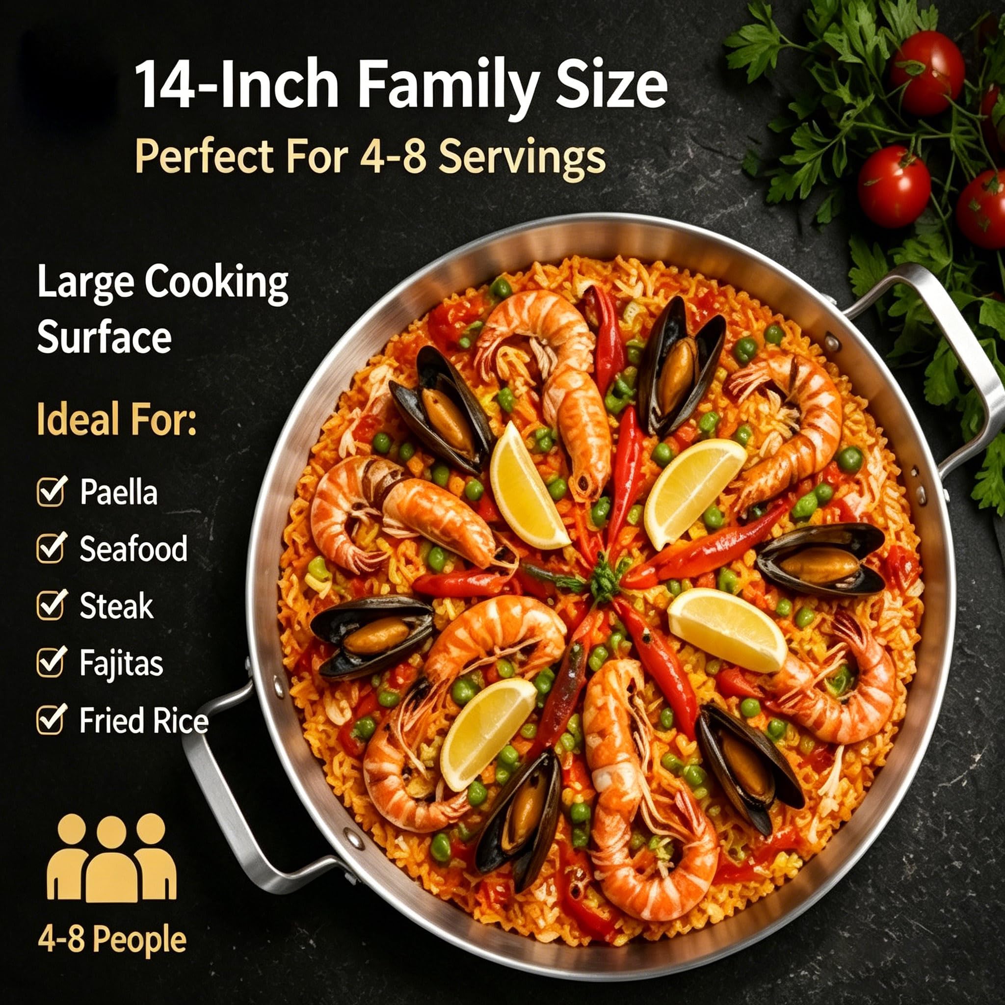 Inqibee Paellera de acero inoxidable de tres capas de 14 pulgadas con tapa, sartén grande, tortilla, plancha, sartén de inducción, apto para lavavajillas y horno.