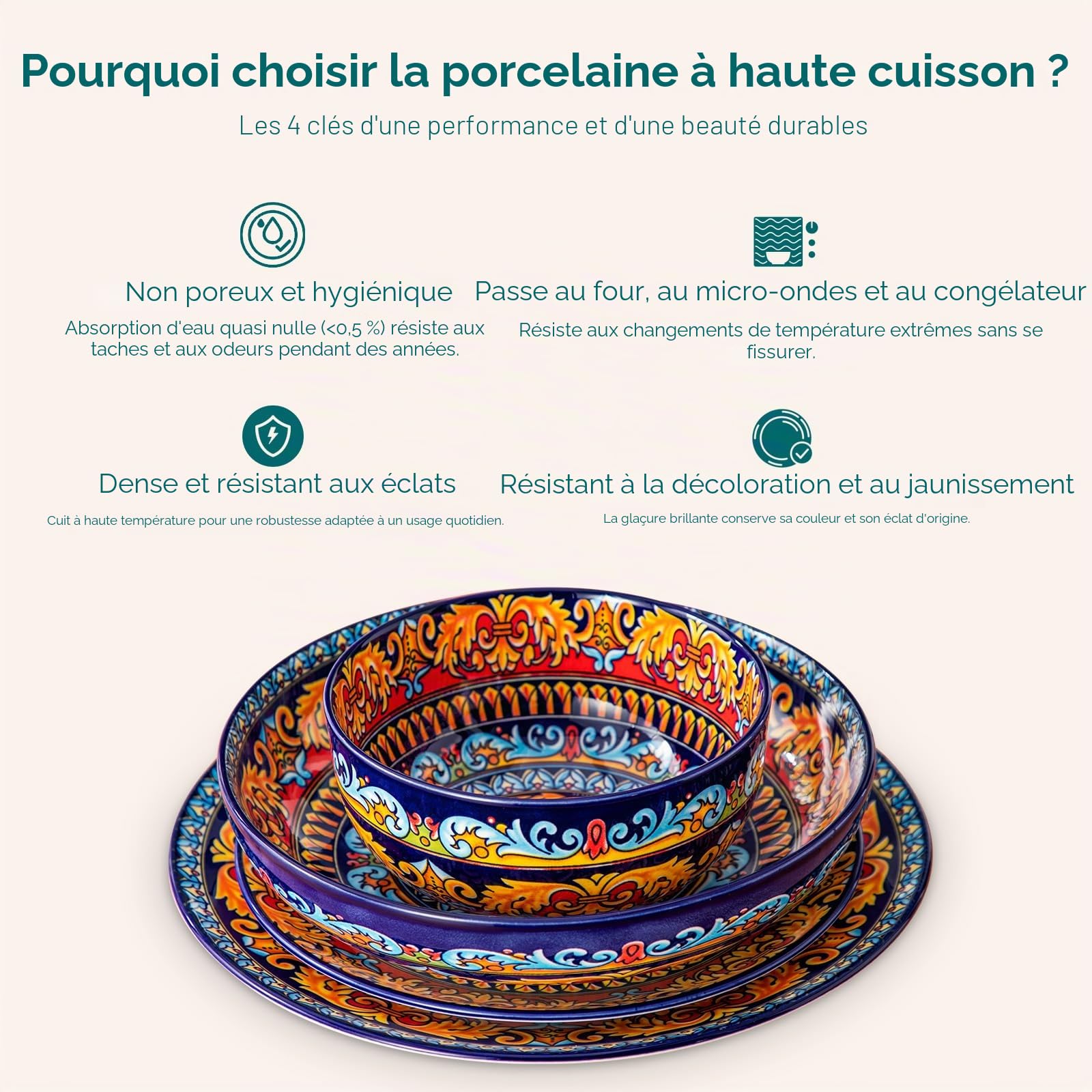 Service de Vaisselle 6 Personnes en Céramique, vancasso KRVI 24 Pièces Porcelaine Moderne, Service de Table Style Bohémien, Ensemble Assiettes et Bols, Service Combiné Coloré