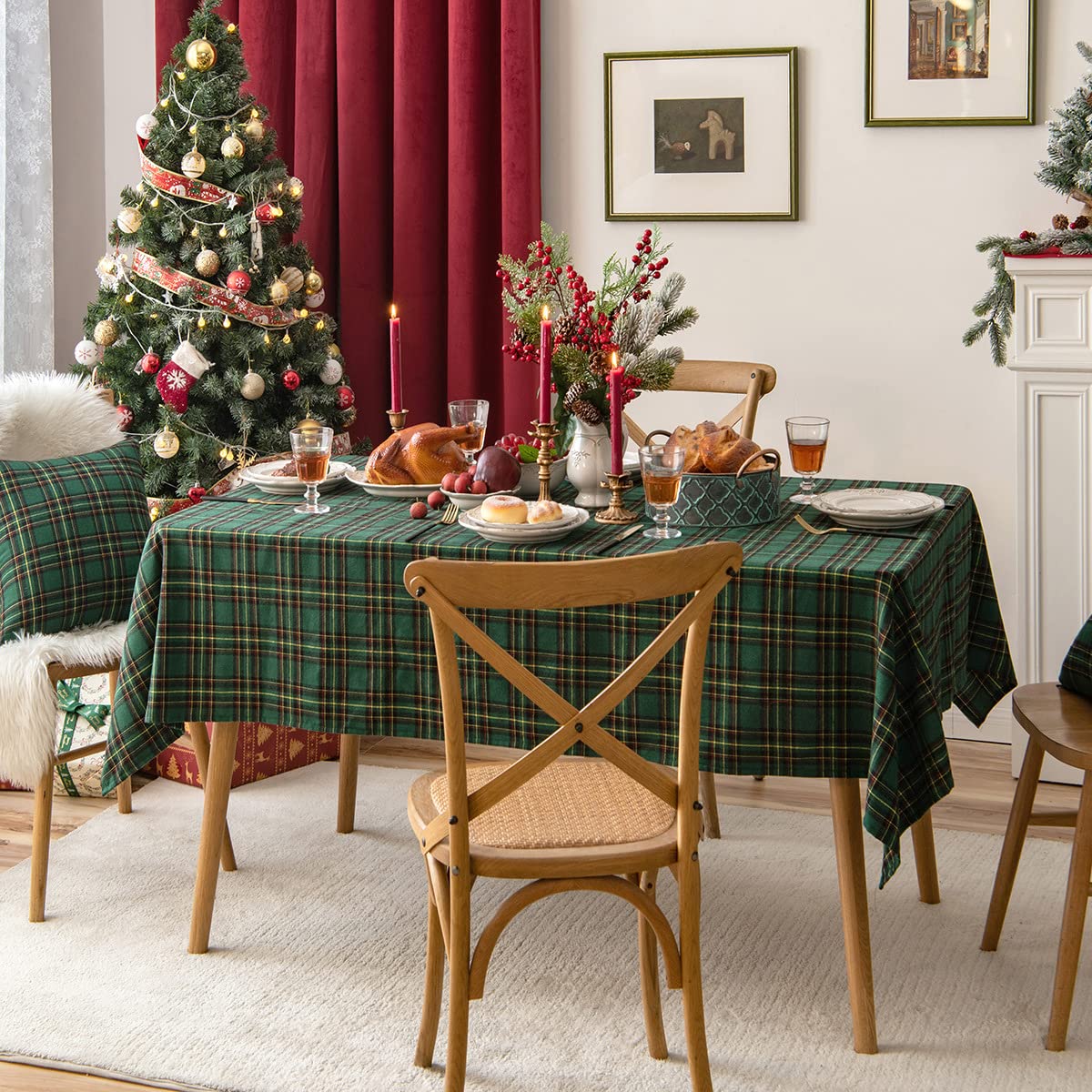 GLWDMH Kerst Geruite Rechthoekige Tafelkleed, Groen Rood Geruit Kerst Tafelkleed, Polyester Tafelkleed Tafelhoes voor Eetfeesten Vakantiedecoratie
