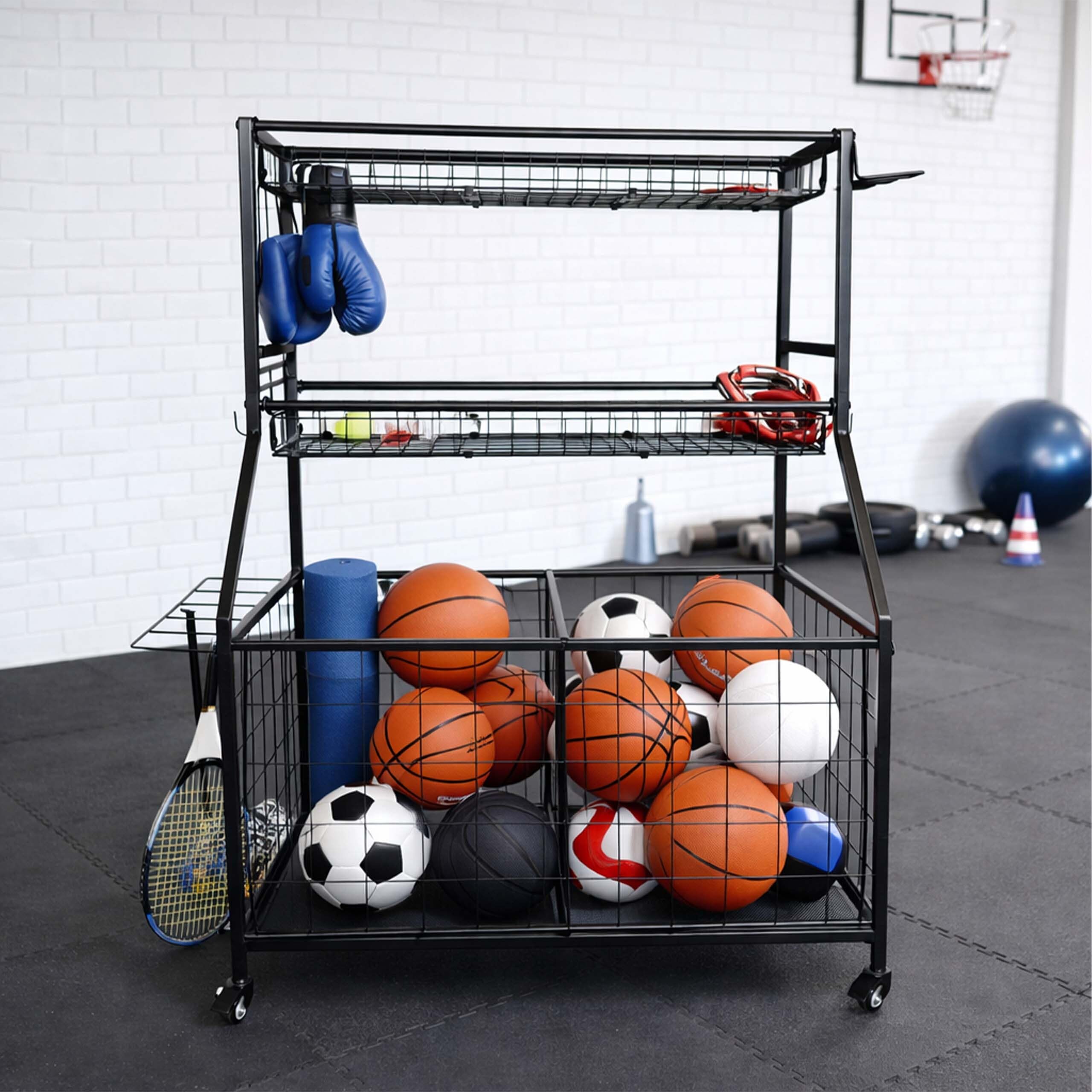 Relaxdays – organizer na sprzęt sportowy, 116 x 91,5 x 43 cm, 4 kółka, 2 hamulce, metalowy wózek na piłki, czarny