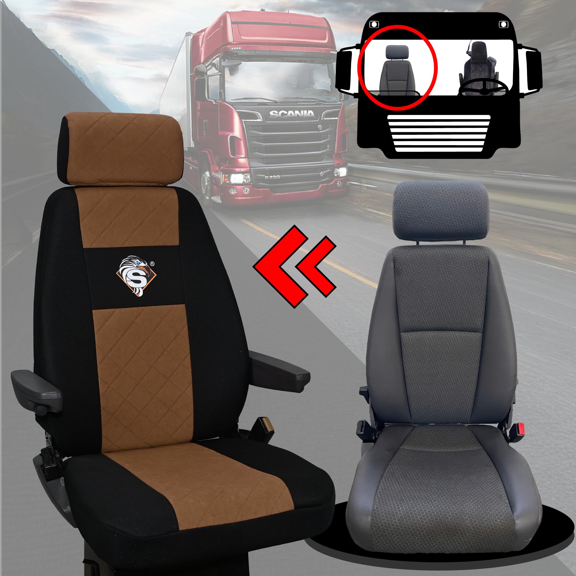 SABA Funda de Asiento para Scania Serie R Desde 2013, Serie S Desde 2017, Asientos Individuales, Asiento del Conductor Premium - CONFIGURACIÓN B Marrón Accesorios de protección