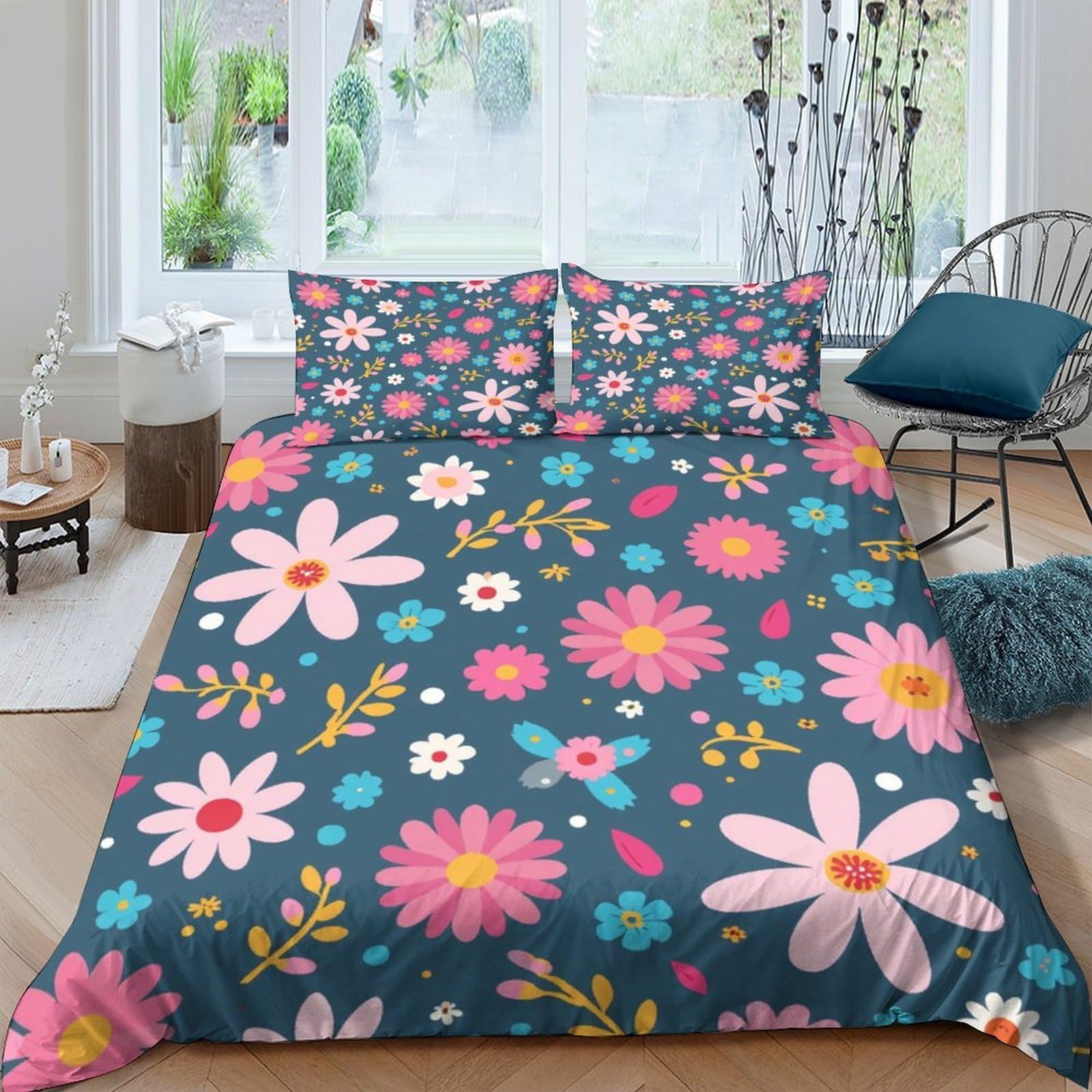 Ctjqhvkz Style-1 3D Printed Floral Bloom Fitted Sheet Microfiber Soft Dark Blue Daisy Mattress Cover Bedroom Decor Single（135X200cm）