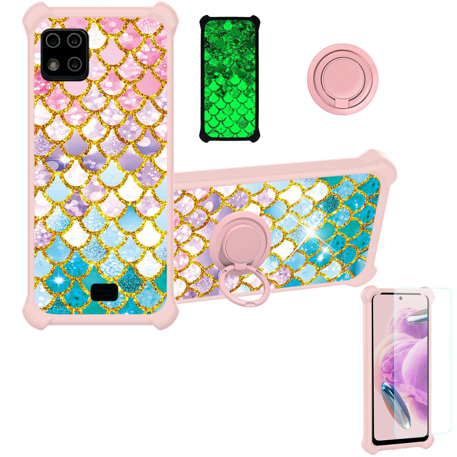 jioeuinly Case for Lush Mint L1582C Case Compatible with Lush Mint L1582C Phone Case Cover [with Tempered Glass Screen Protector][Ring Support][Gold Glitter+Luminous] JSF-YL