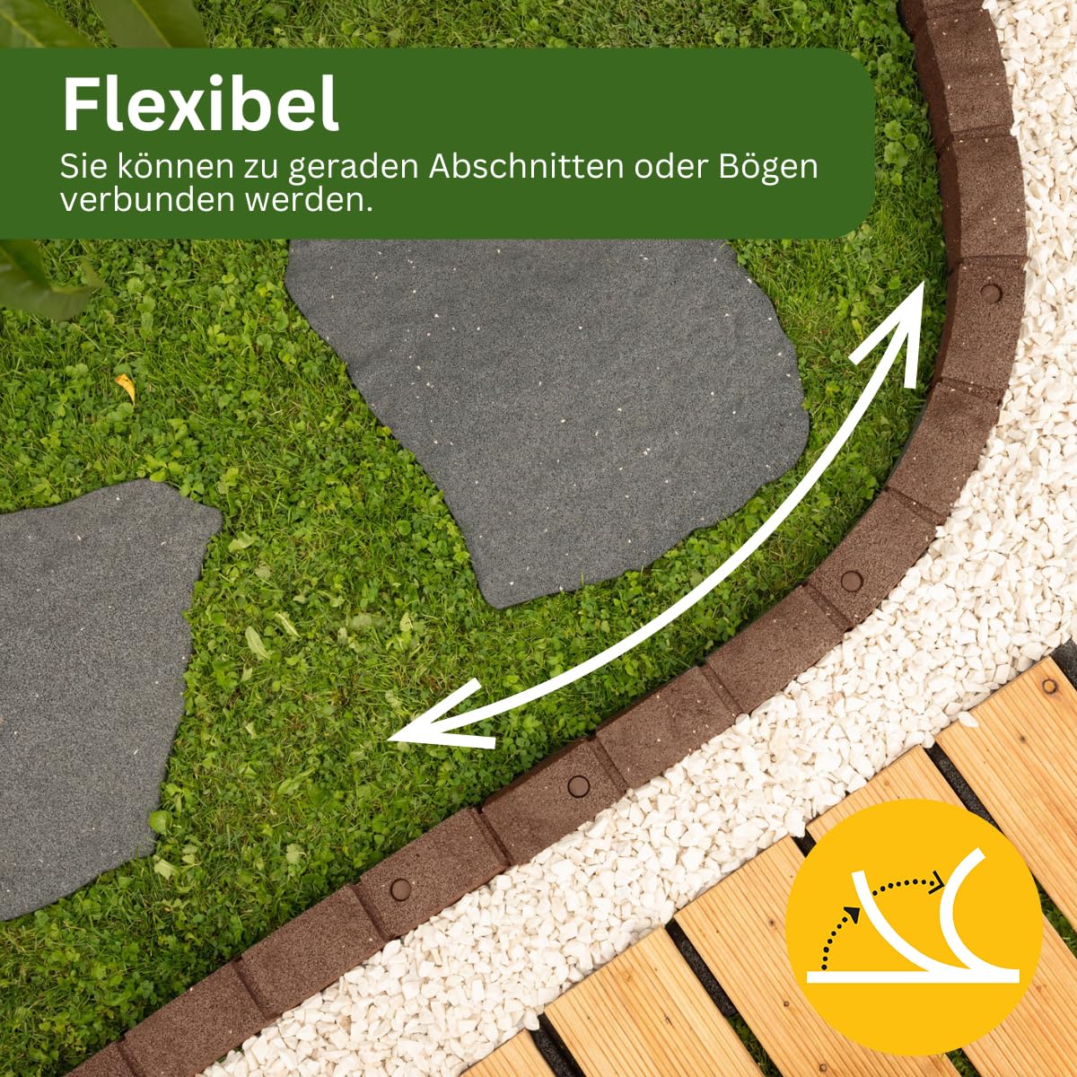 4 x Flexible Rasenkante Kunststoff 120 x 8 cm Hoch - Garten Beeteinfassung Flexibel - Braun Mähkante - Rasenkanten aus Recycling-Material – Beetumrandung Frostbestandig - Pflastersteinen