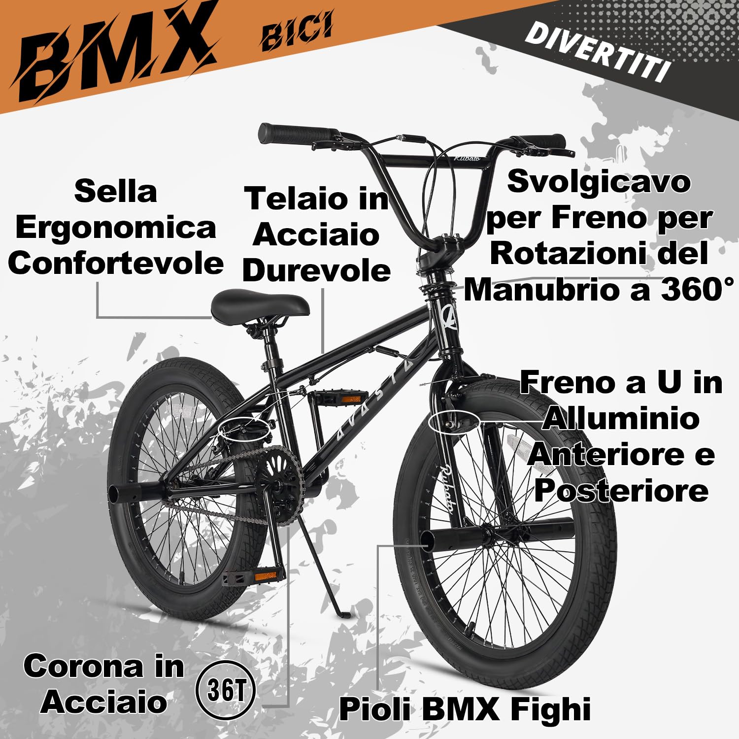 AVASTA Bicicletta BMX per Bambini Freestyle da 20 Pollici per età 6 7 8 9 10 11 12 13 14 Anni Ragazzi Ragazze Adolescenti e Junior Riders con 4 Picchetti, Rotori a 360 Gradi, Negro
