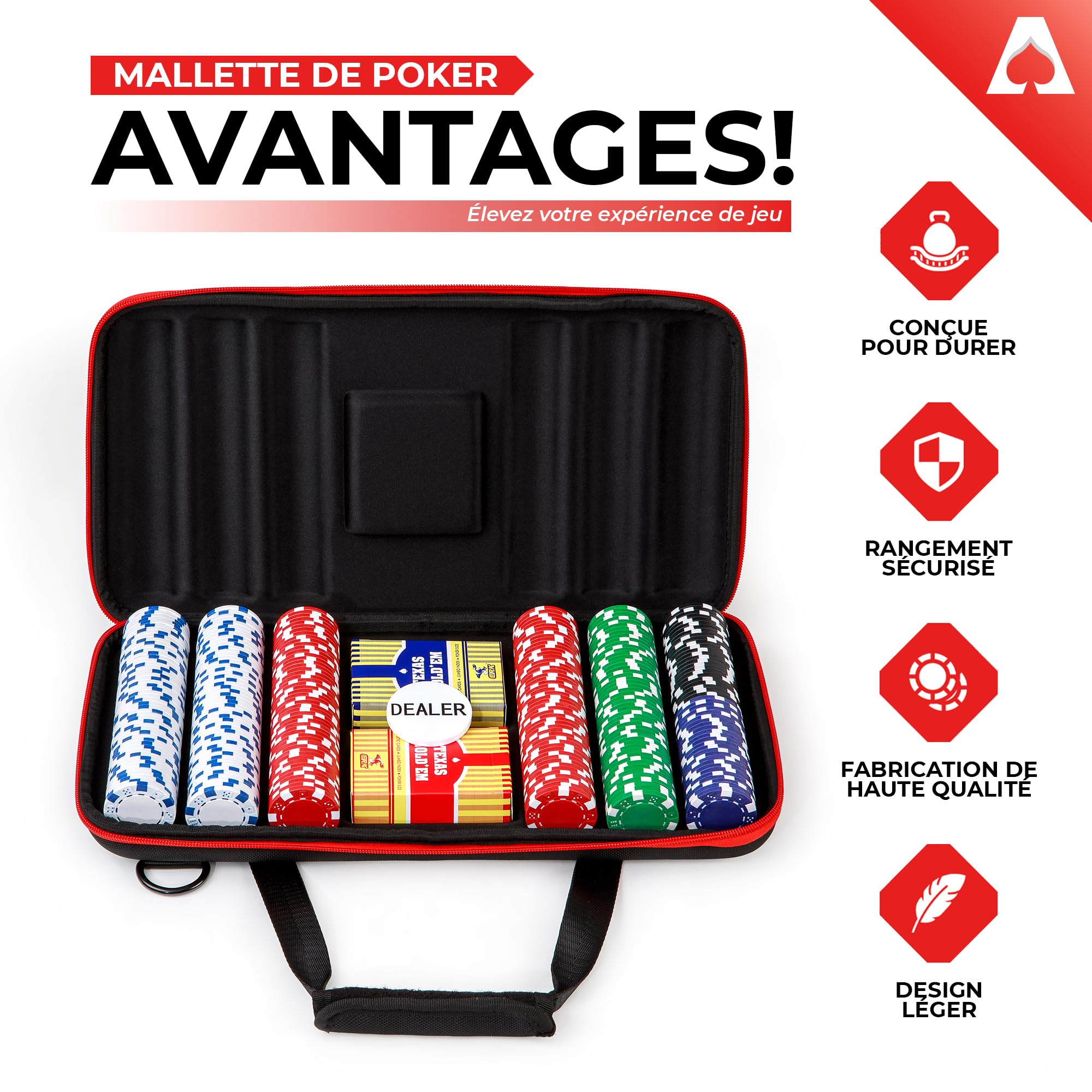 Malette Poker | Poker Set avec 300 Jetons de 11,5 g Style Casino - Jeux de Poker + Jeu de Carte Poker Doré en Cadeau