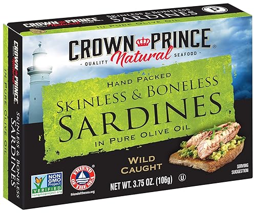 Crown Prince Sardinas naturales sin piel y sin hueso en aceite de oliva puro, latas de 3.75 onzas (paquete de 12)