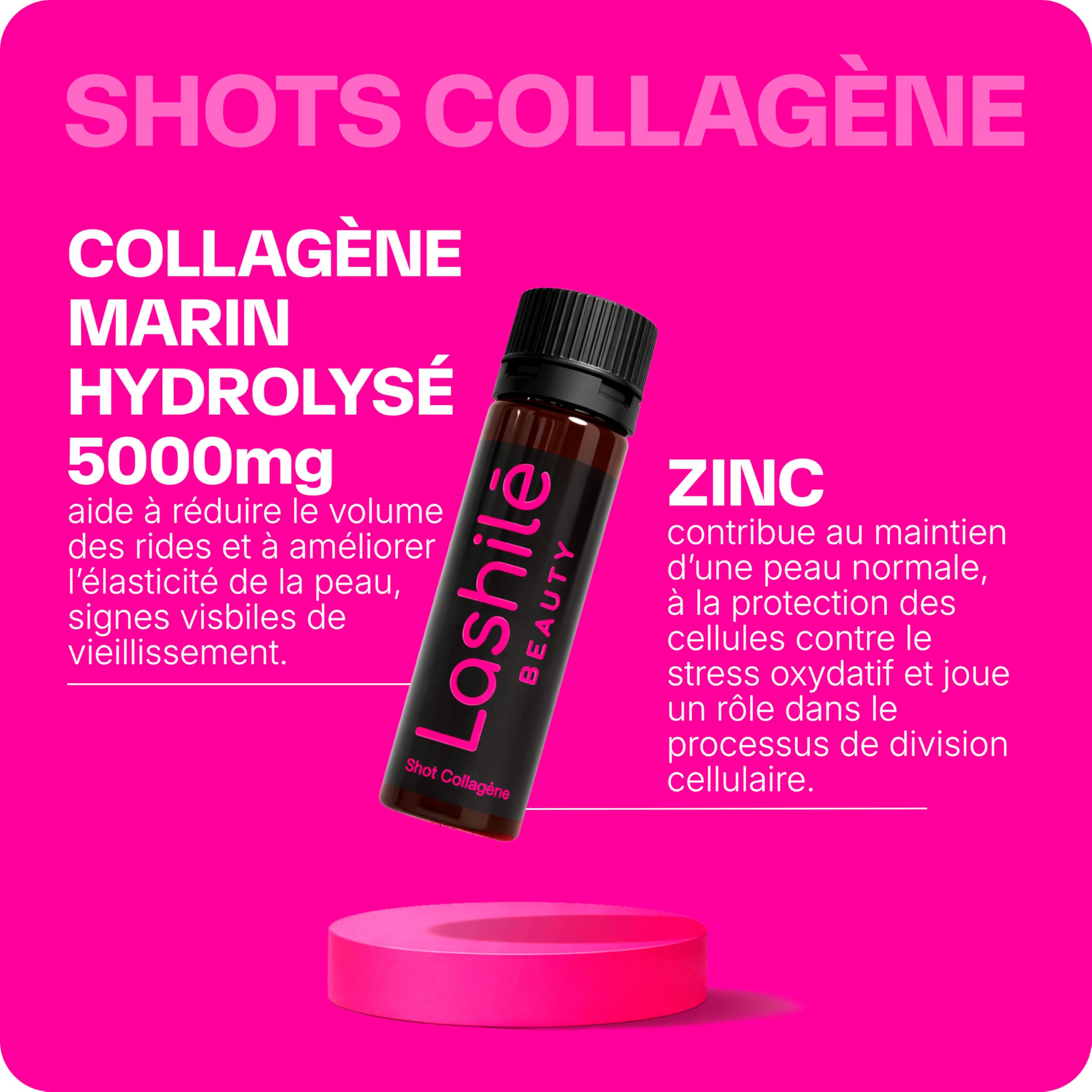 Lashilé Beauty - Complément Alimentaire - Anti-âge Global - Shots Collagène Marin 5000 mg - Type 1 et 3 -Nutricosmétique à boire - Collagène marin 1 et 3 Zinc - Made in France - Programme 1 mois