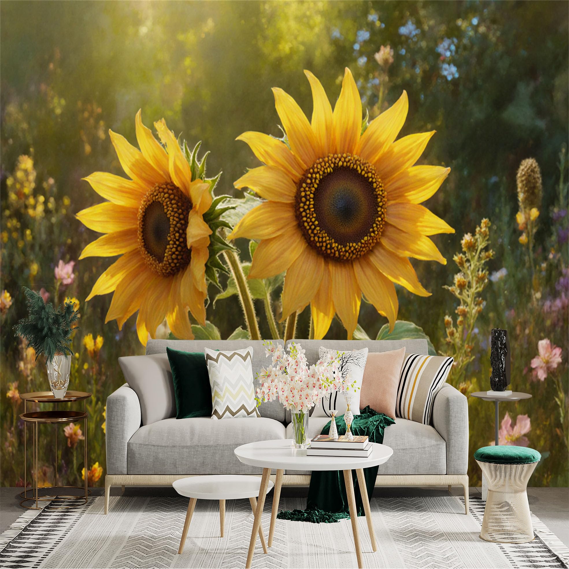 Custom Size Wall Sticker Mural， Two Vibrant Sunflowers， Golden Blooming Petals， Botanical Nature Scene， Sunlight Meadow， for wall Decoration， peelandstick wall Decals.