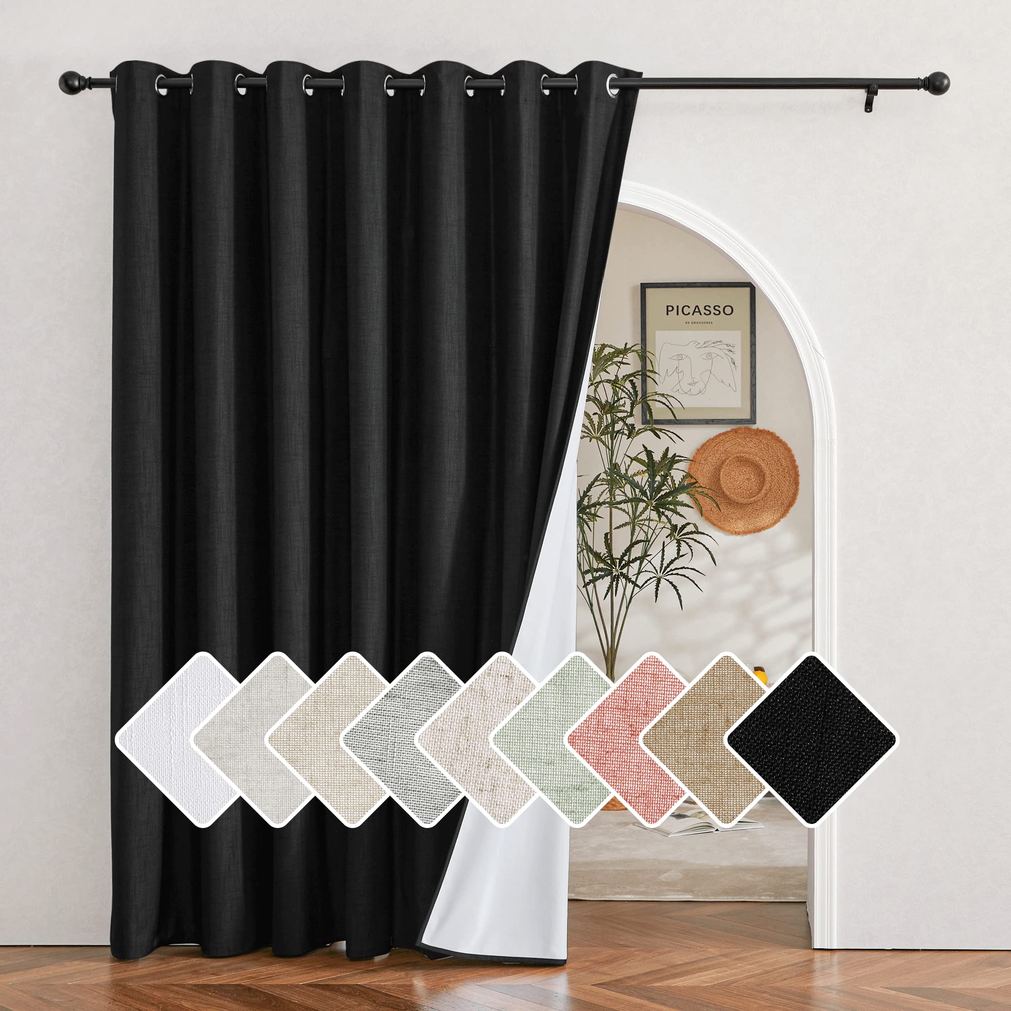 NICETOWN Black 100% Blackout Linen Insulated Patio Curtain 95 inch Long