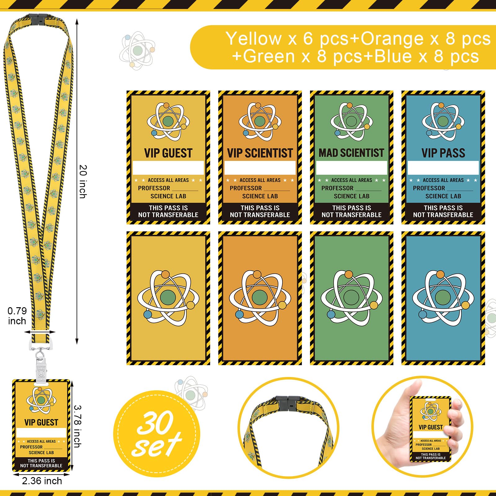 MotiMind Set di 30 biglietti VIP per feste scientifiche con cordini scientifici, in PVC, con cordini, per scienziati scientifici, forniture per feste di compleanno, regalo per lezioni scientifiche