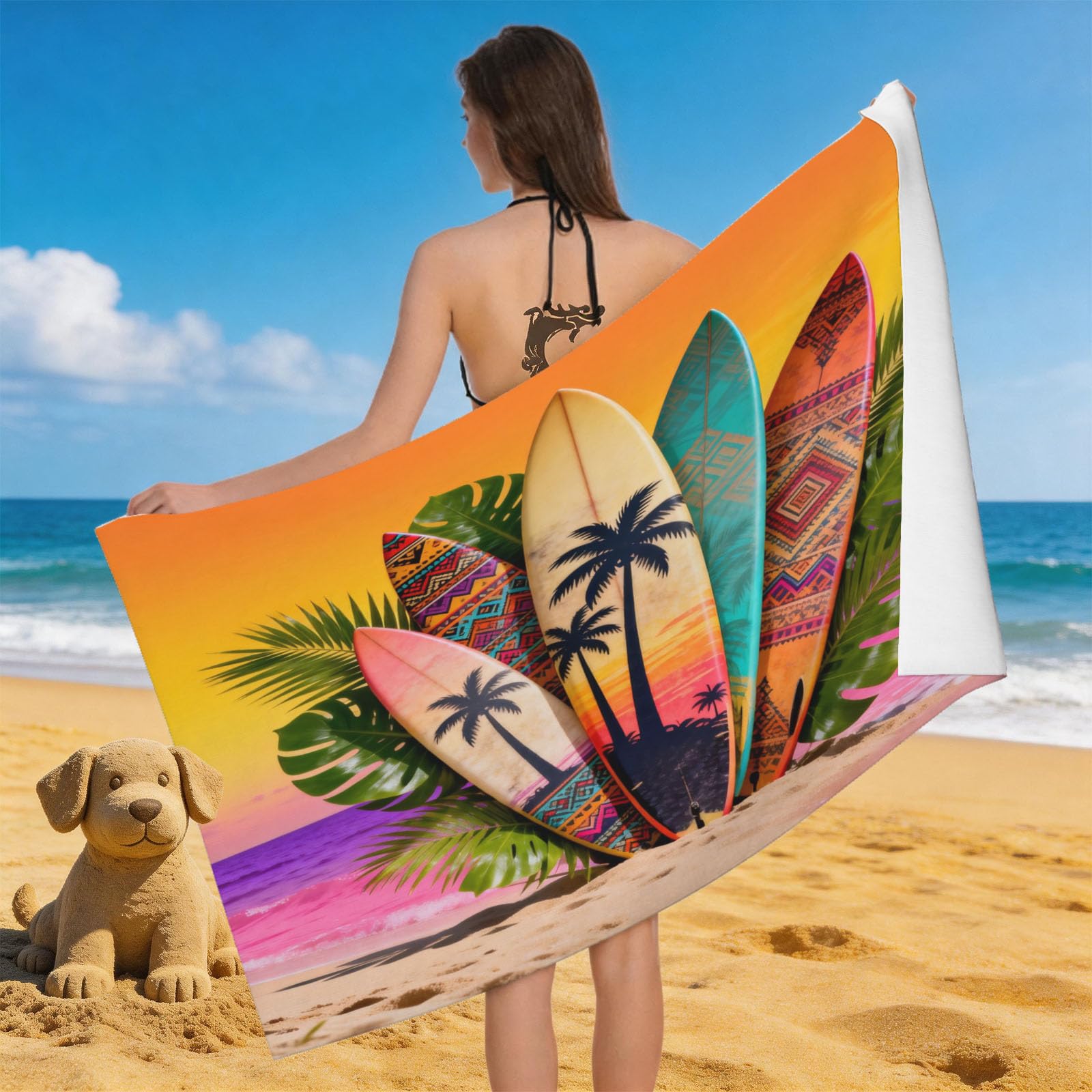 Leichong Men's Orange 3D Surfboard Beach Towel Large Microfiber Soft Quick Dry For Adults, Sea View Bath Towel Lightweight Soft Absorbent For Travel Swimming Pool Sports, 80 X 160 Cm