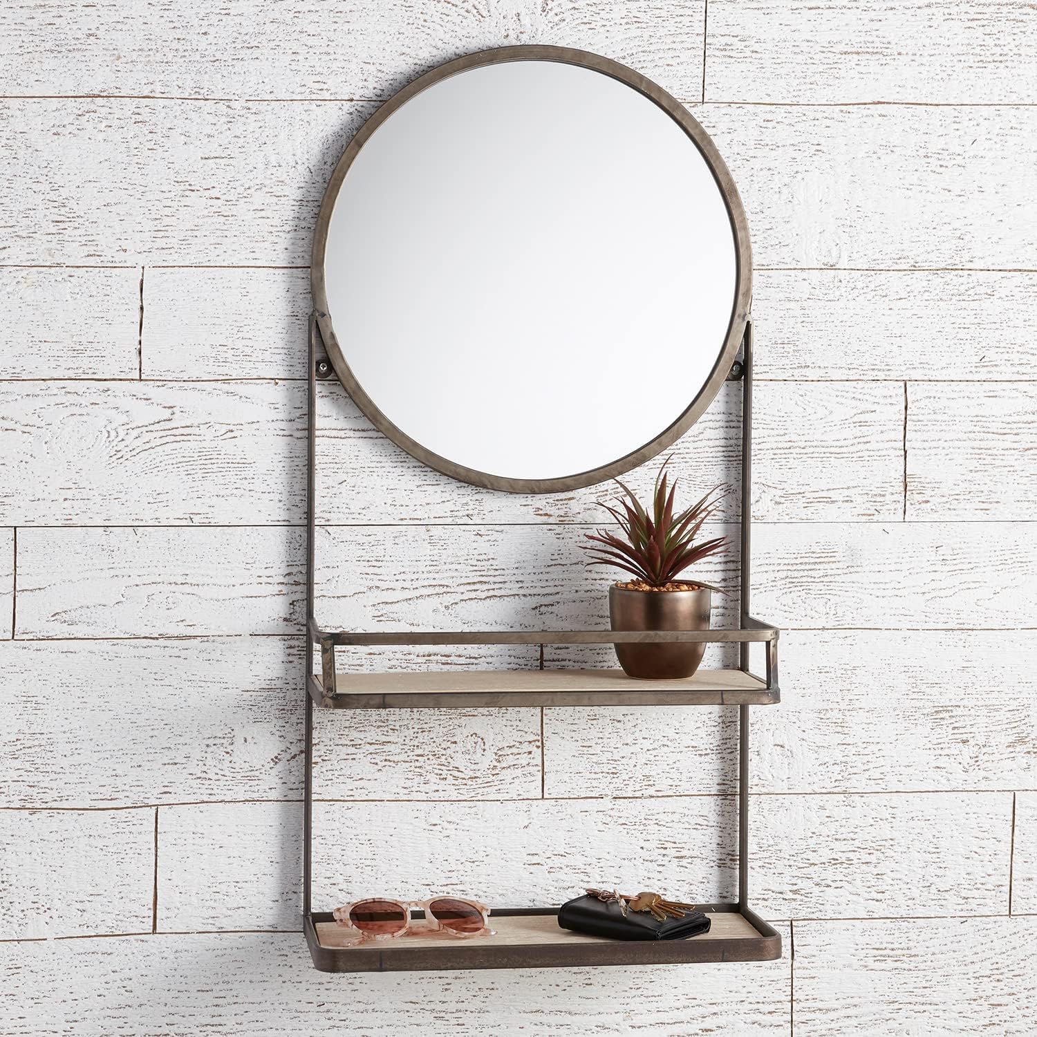 47th & Main Hanging Wall Mirror Round Mirror with Shelves, Rectangle, Iron