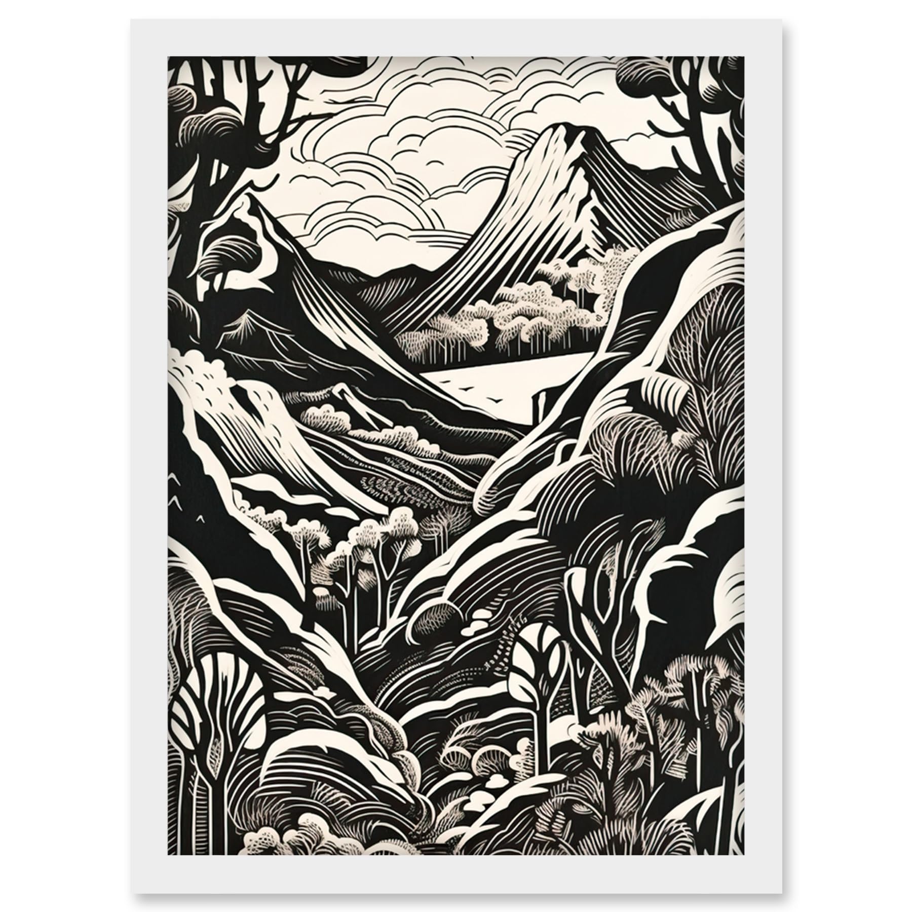 Artery8 Forest Mountain Landscape Black and White Linocut Artwork Framed Wall Art Print A4