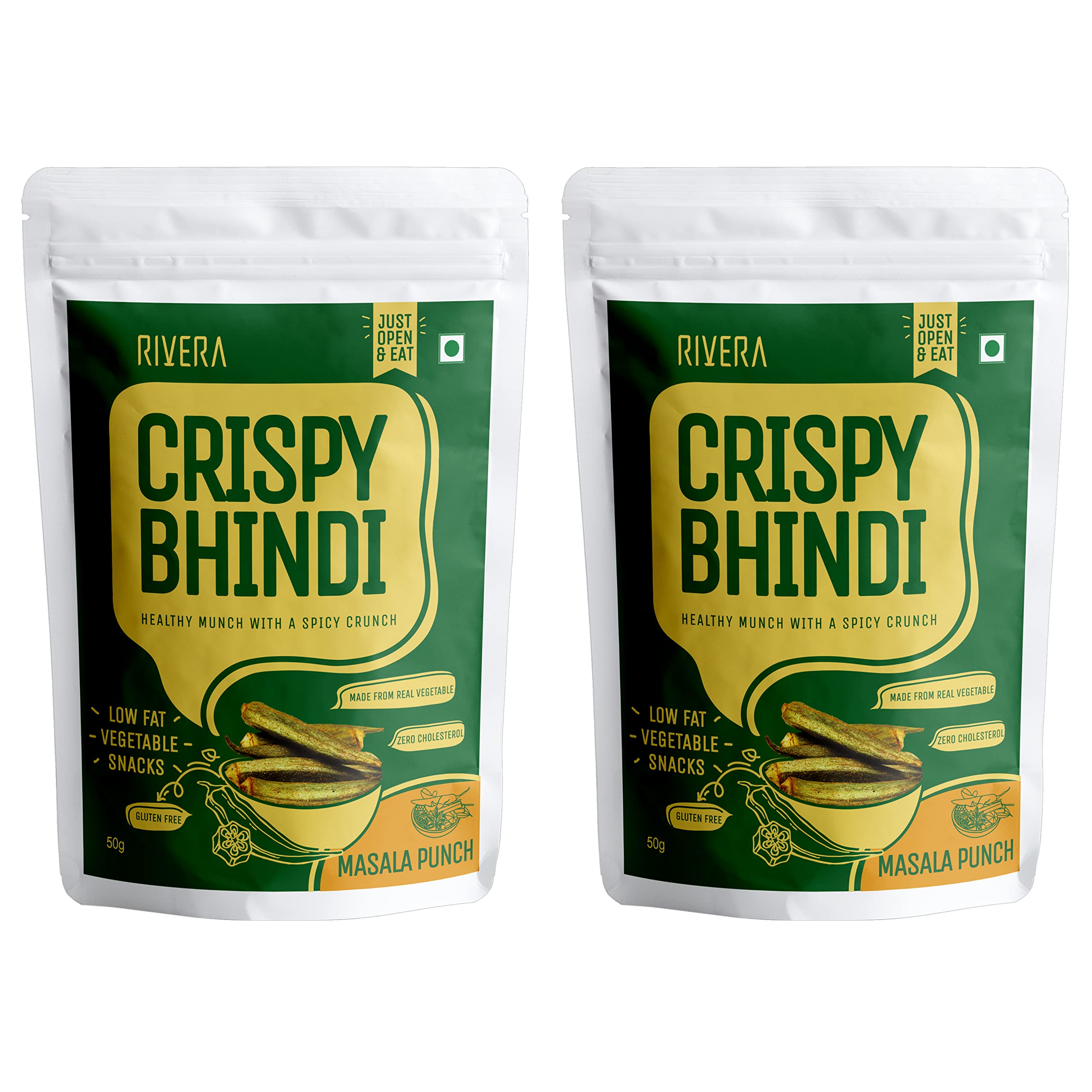 Rivera Crispy Bhindi (Masala),Okra Chips, Vegetable Snacks, Vacuum Cooked So No Need to Cook, Ready to Eat, 50G Each (Pack of 2)