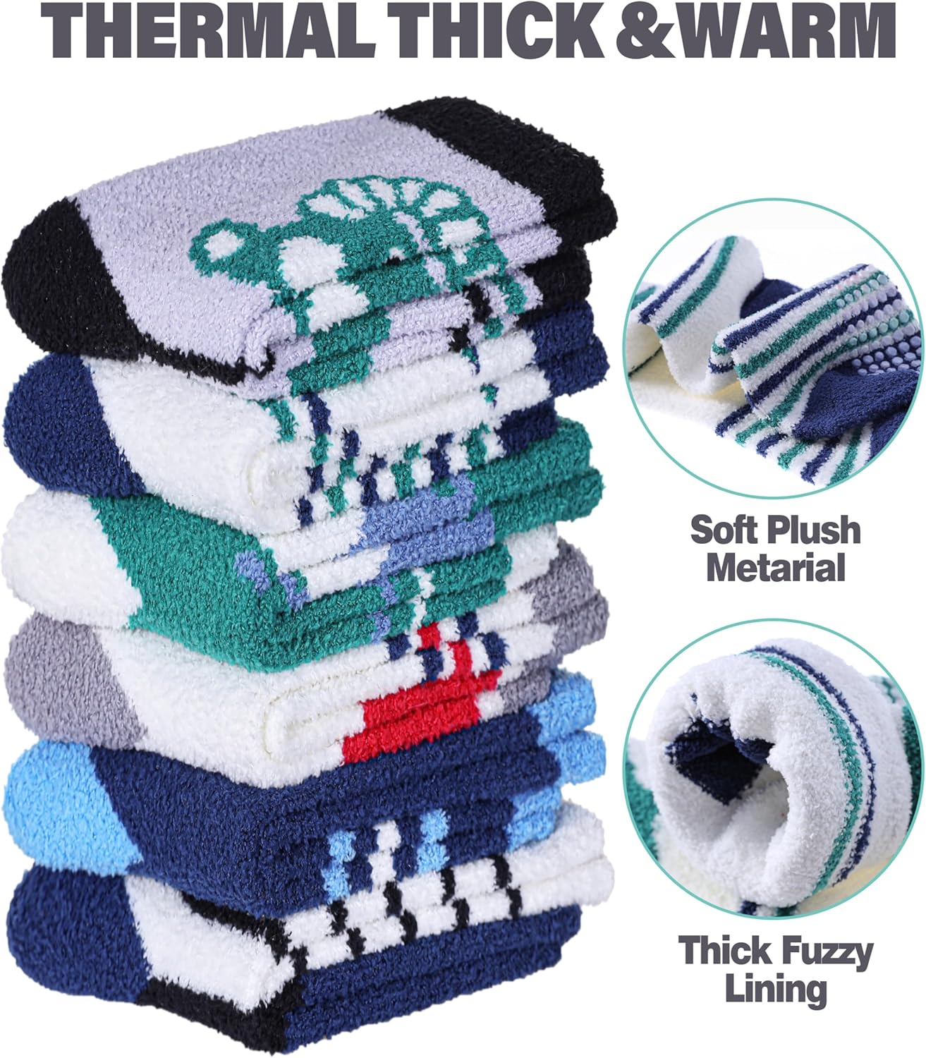 LINEMIN Kids Boys Toddlers Fuzzy Socks with Grips Cute Fun Animal Cozy Fluffy Winter Warm Non Slip Crew Socks 6 Pairs - Image 5