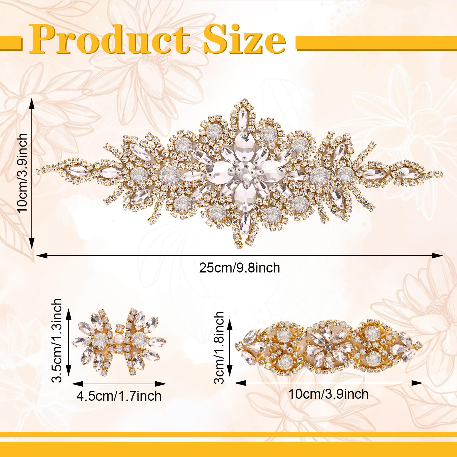 Photo 1 of ***MISSING THE 2 SMALL ONES****9 Pack Rhinestone Crystal Wedding Applique Iron on Patch DIY Sewing Appliques for Bridal Wedding Dress Clothes Shoes Decoration (Gold 2)