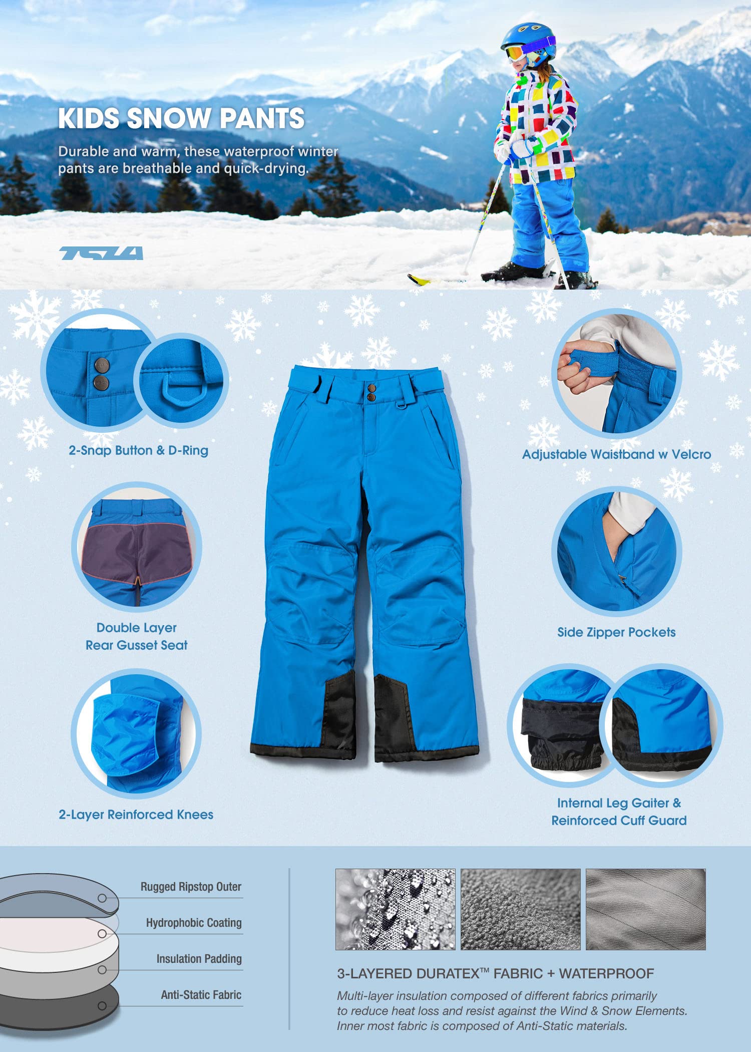 TSLA Pantalones de Nieve de Invierno para niños, Pantalones de esquí o Snowboard con Aislamiento Impermeable