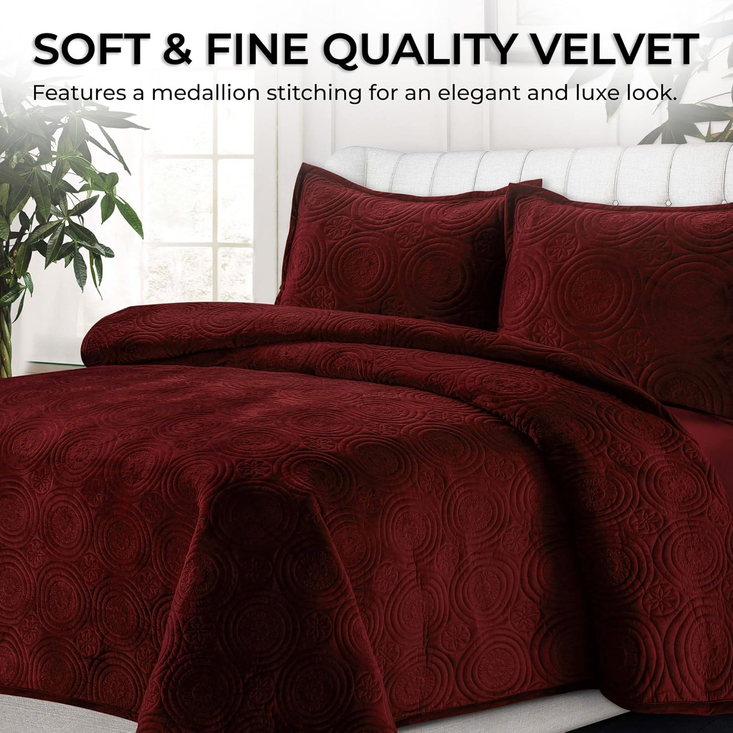 Capri Medallion Velvet Quilt Set Queen Burgundy