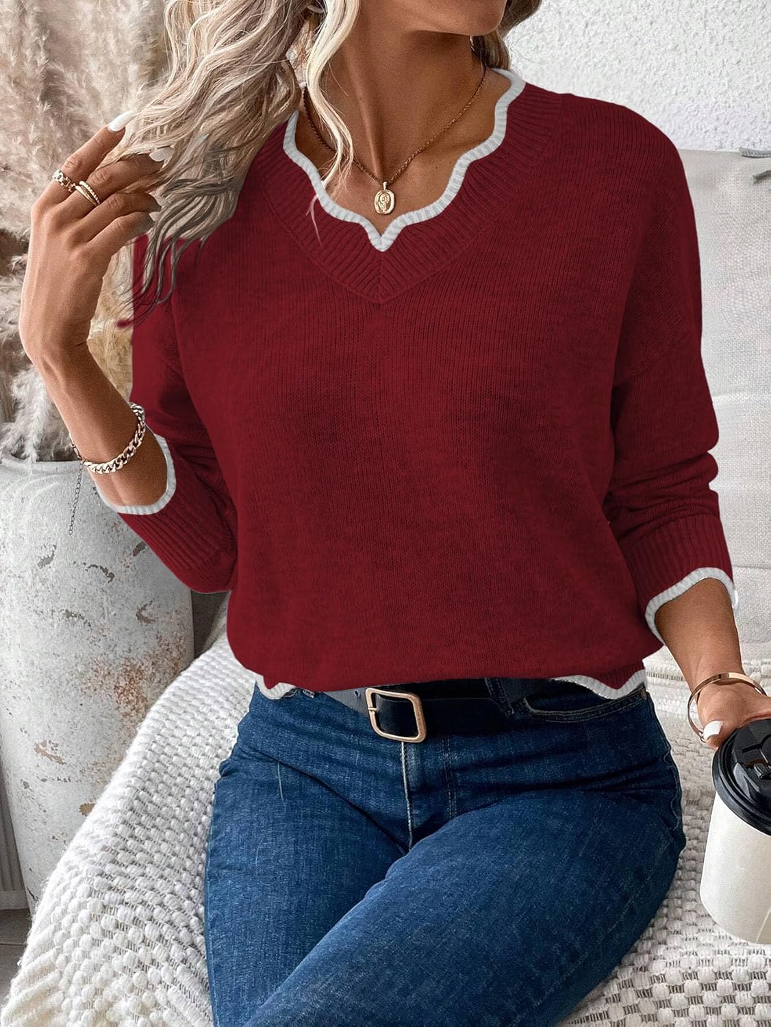 Womens V Neck Pullover Sweaters Long Sleeve Scallop Trim Knit Tops Loosed Fit 2025 Fall Outfits - Image 6