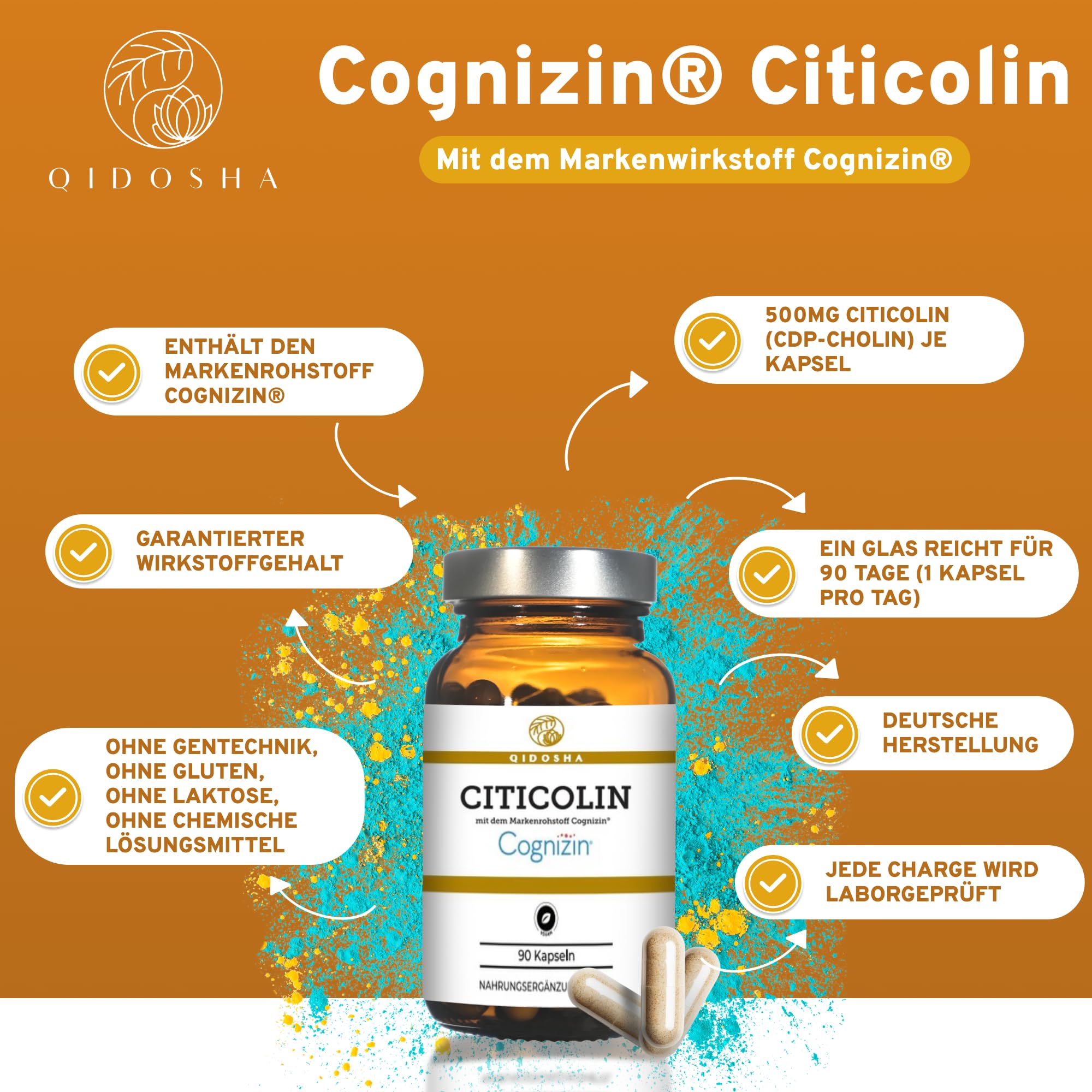 QIDOSHA® Citicolin mit dem Markenrohstoff Cognizin®, 500mg Citicolin je Kapsel, 90 Kapseln im Apothekrglas, jede Charge laborgeprüft, deutsche Fertigung