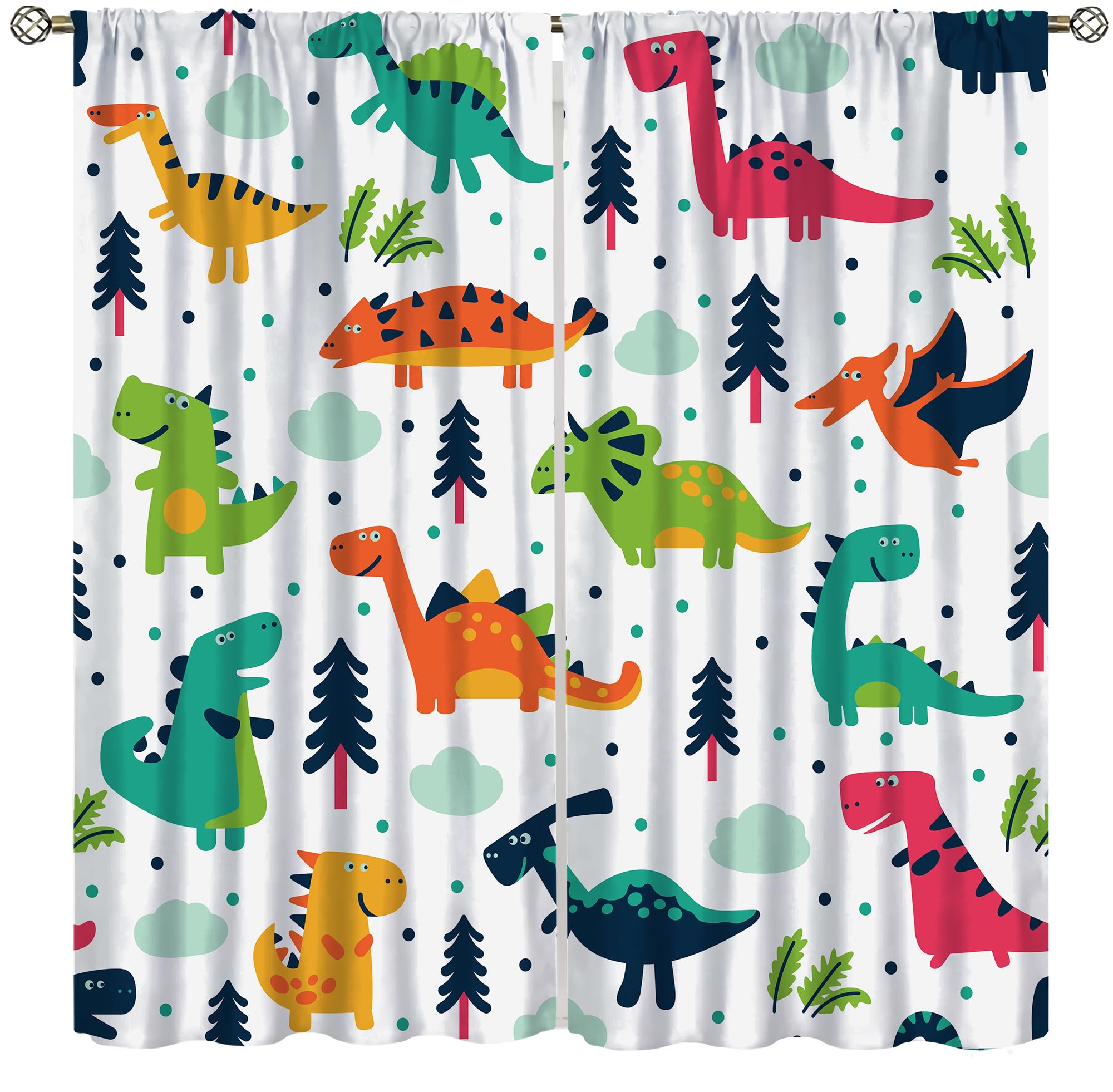 AuiMzoo Cute Dinosaur Curtains, Colorful Cartoon Dinosaur Animal Print Rod Pocket Decorative Curtains for Kids Boys and Girls Bedroom Toy Room42X54 Inch