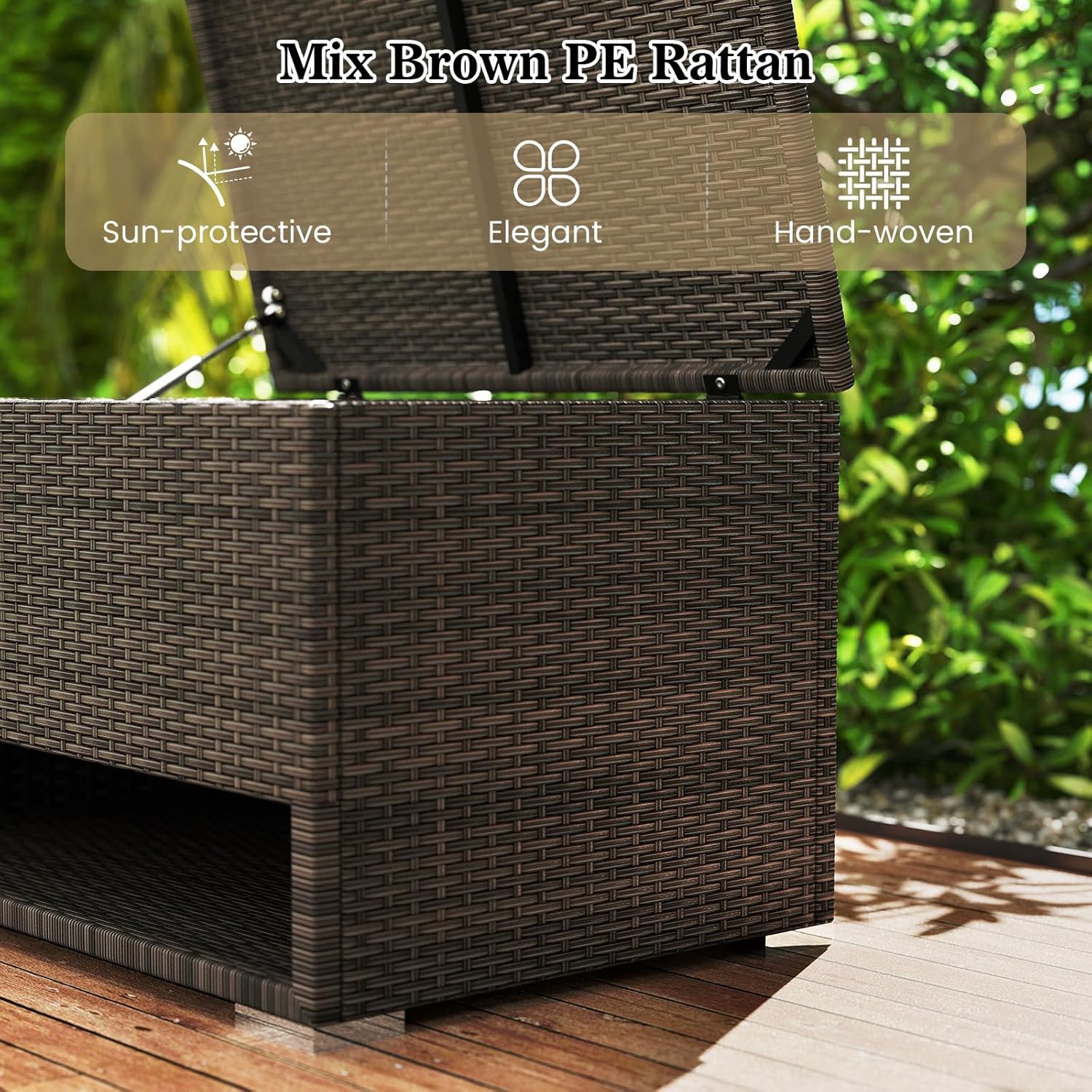 Tangkula 48 Gallon Rattan Outdoor Storage Box with Shoe Rack, Outdoor Storage Bin with Protective Liner, PE Wicker Deck Box for Patio Cushion Furniture, Pool Supplies and Garden Tools (48 Gallon)