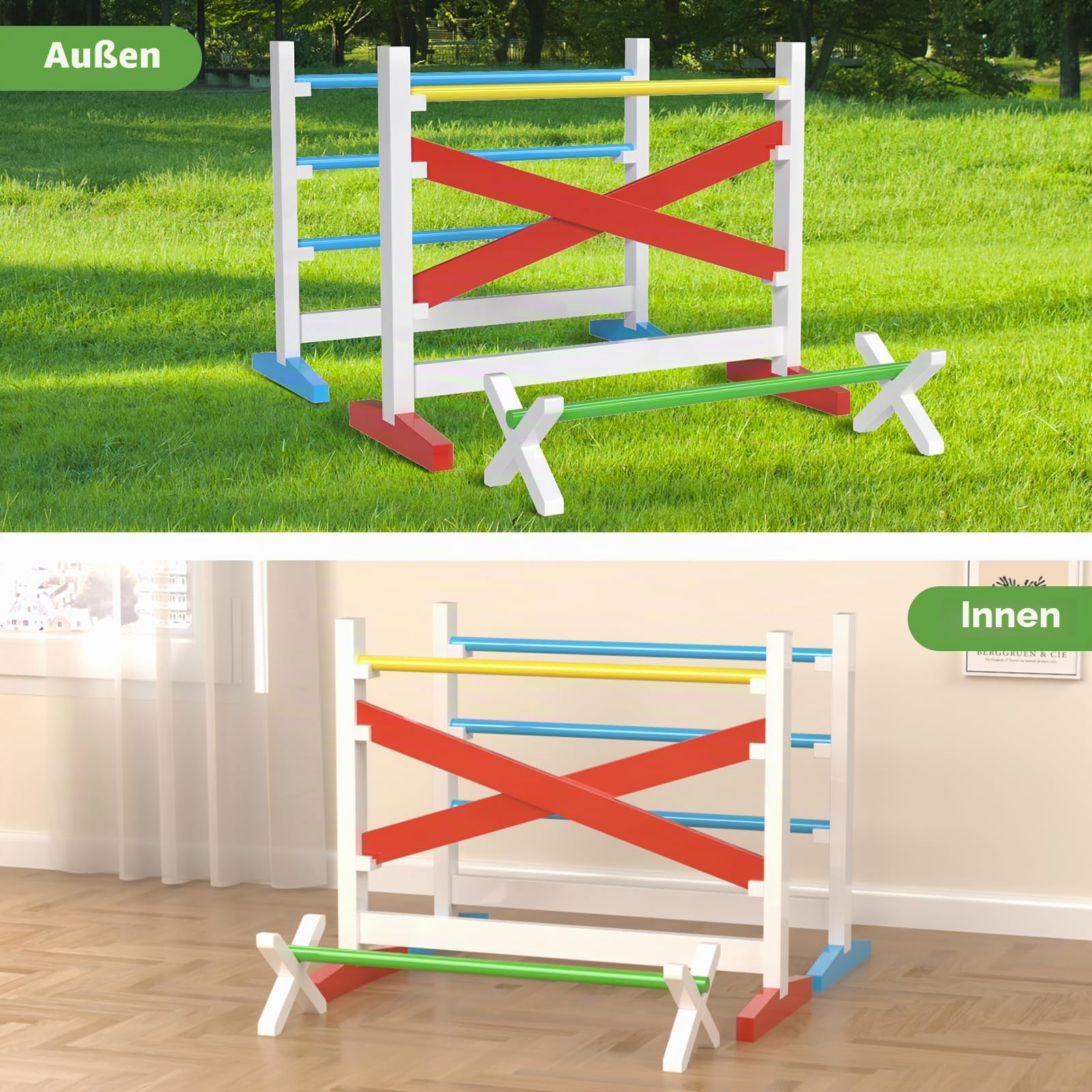 Hobby Horse Hindernisse – Steckenpferd Parcours Set mit 2 Sprüngen + 1 Hürde, höhenverstellbar, stabil, für Garten, Spielzimmer & Hobby Horse Training