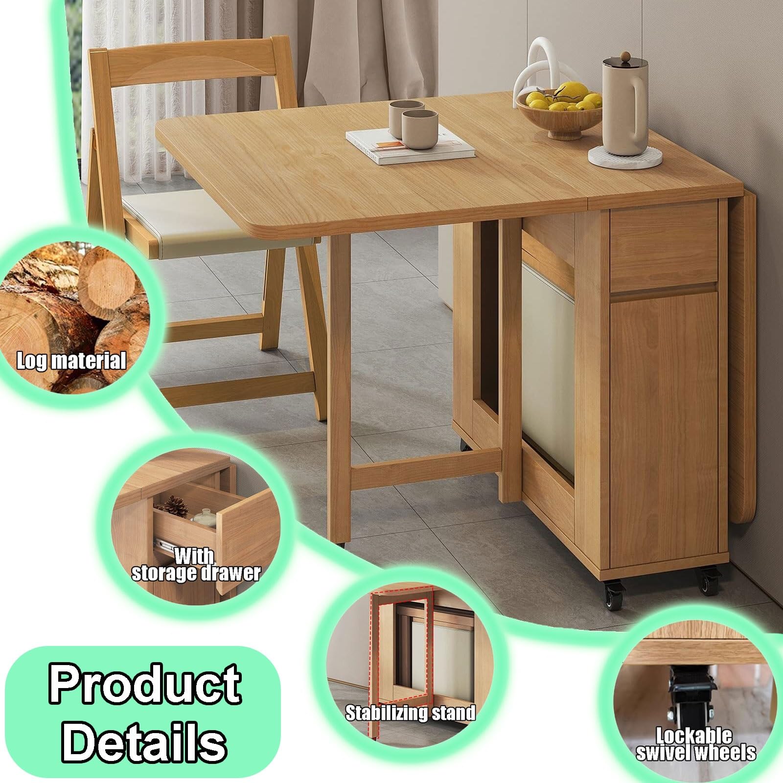 Generico Set tavolo da pranzo pieghevole, Tavoli in legno regolabili con 2 cassetti portaoggetti e 4 ruote, Tavolo da pranzo pieghevole facile da spostare ideale per la sala da pranzo di casa