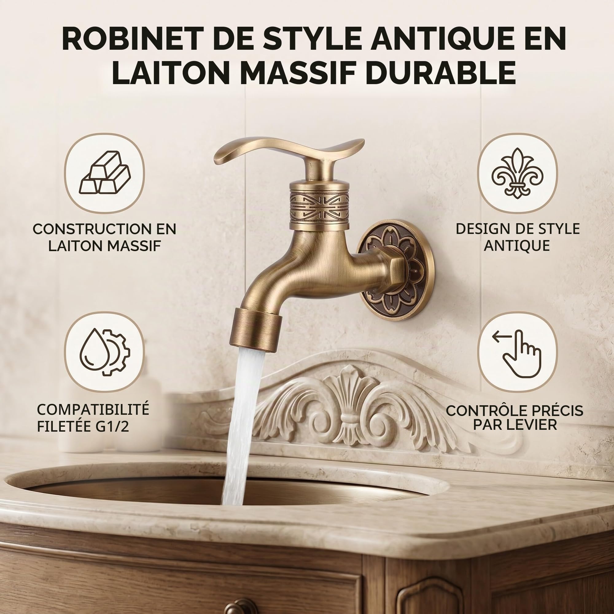 Robinet Laiton Antique Mural Haute Durabilité - Contrôle Précis Froid et Chaud pour Salle de Bains Jardin Lave-linge, Design Élégant Antique avec Tuyau Long Installation Facile Idéal Maison Familiale