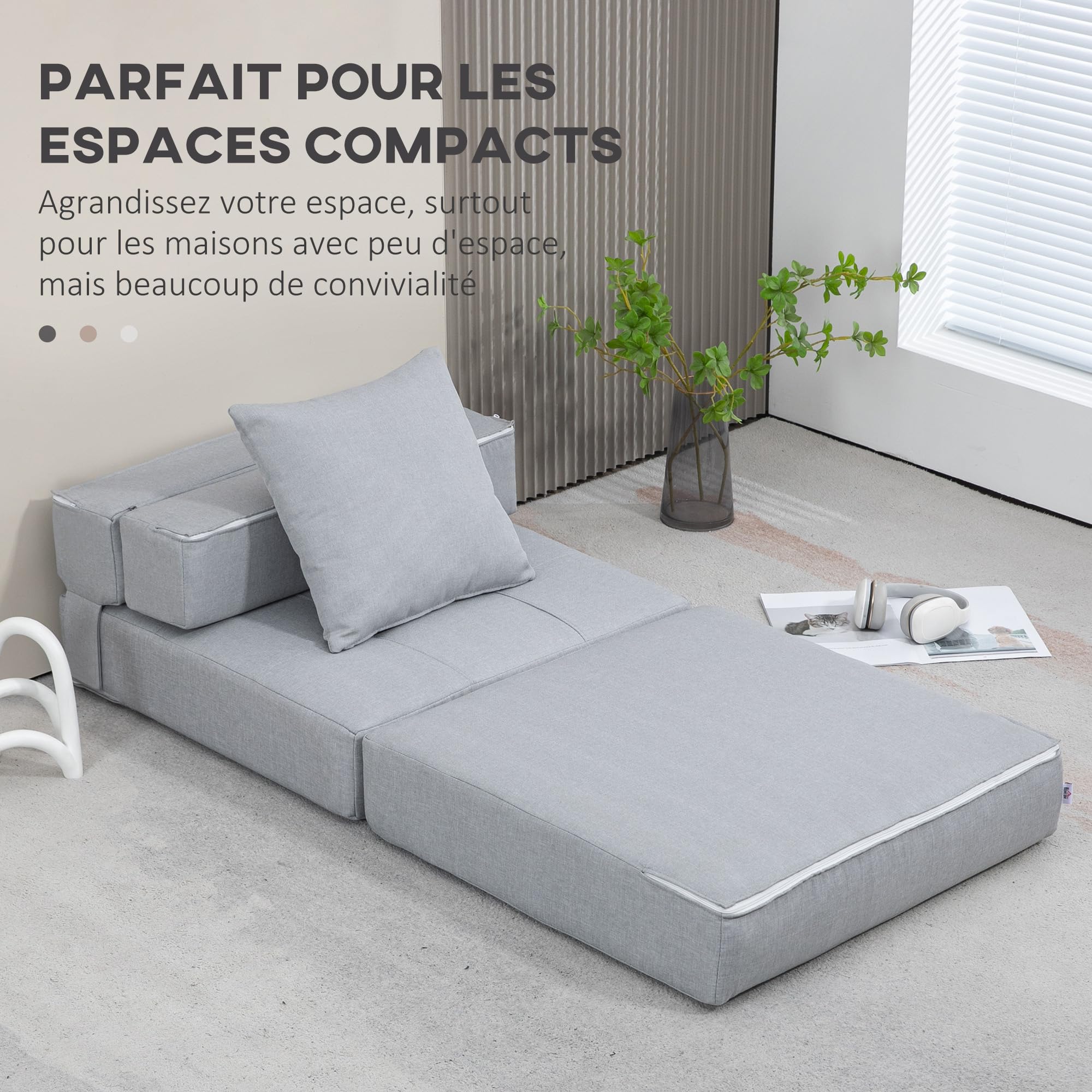 HOMCOM Fauteuil Convertible 1 Place Fauteuil lit chauffeuse 1 Place - Coussin déhoussable Inclus - Chaise de Sol pour invités, Salon, Charge 120 kg, Gris Clair