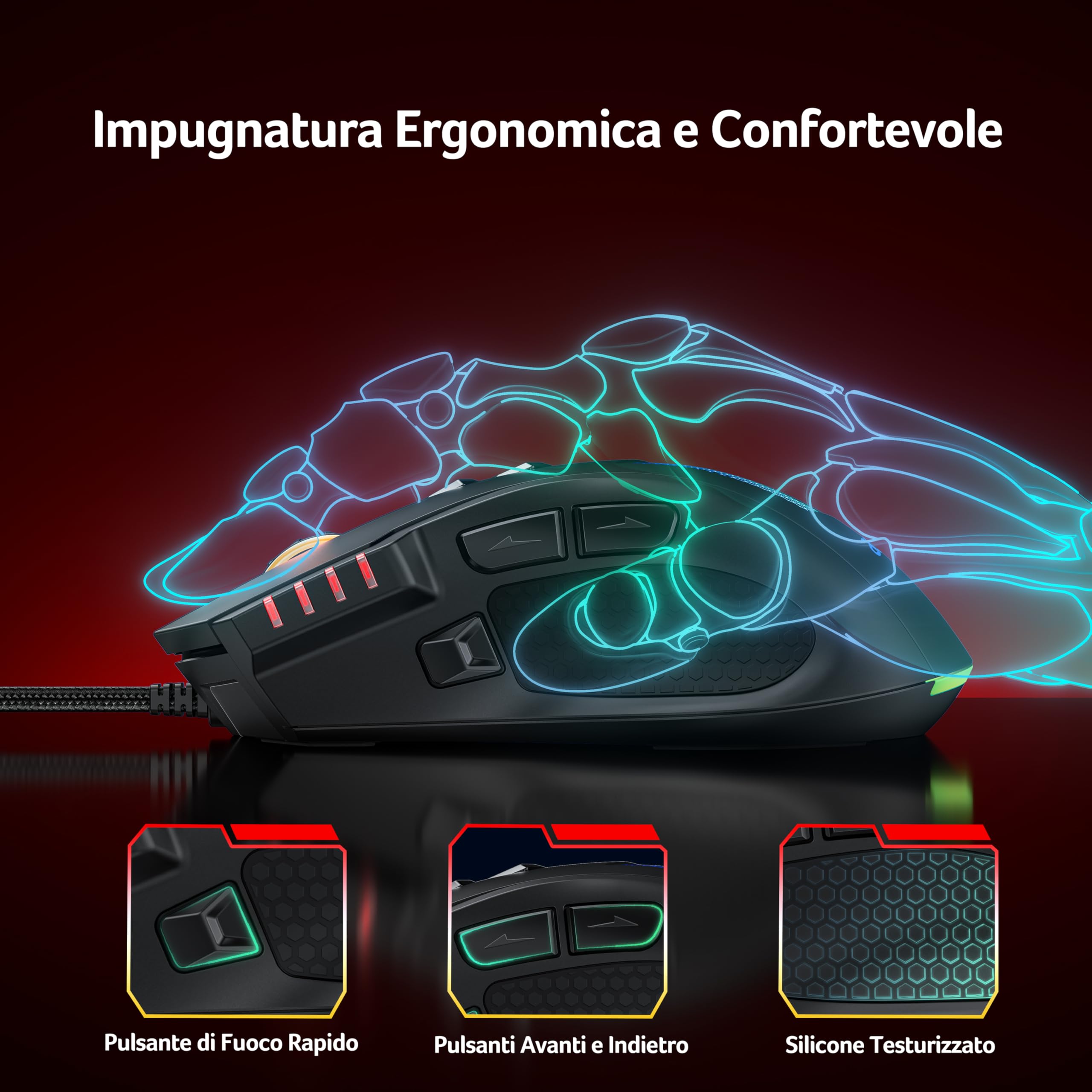 Acer Mouse Gaming Cablato per PC, Sensore da 12800 DPI, 8 Pulsanti Programmabili con Tasti Laterali, Pulsante di Fuoco Programmabile con Macro, RGB Personalizzabile, Mouse da Gioco per MOBA/FPS