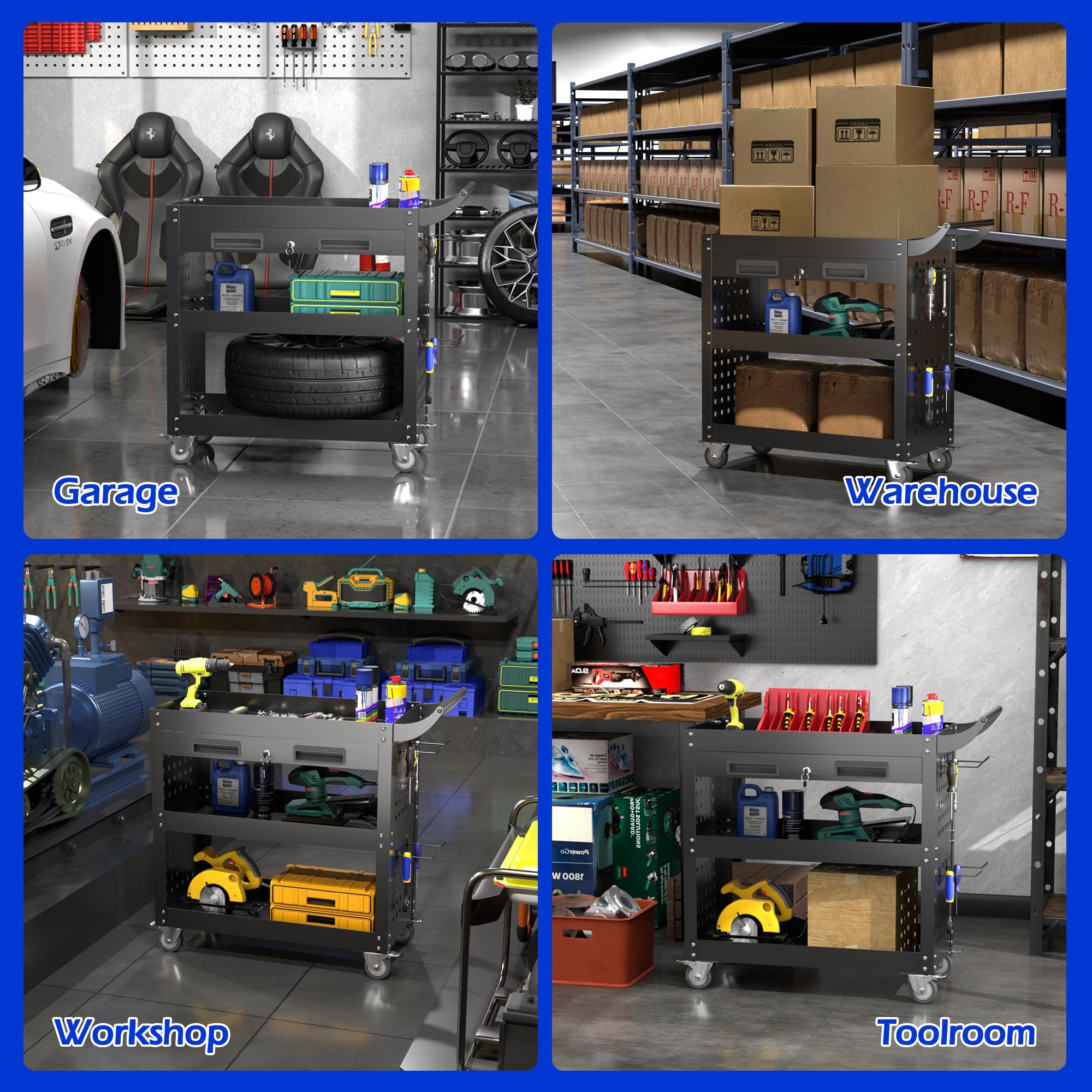 SUPEER Werkstattwagen Werkstatt-Rollwagen Montagewagen 78x35x70 cm,mit Abschließbare Schublade und Pegboard,4-Haken,Werkstätten,Lager Tragkraft 150 kg