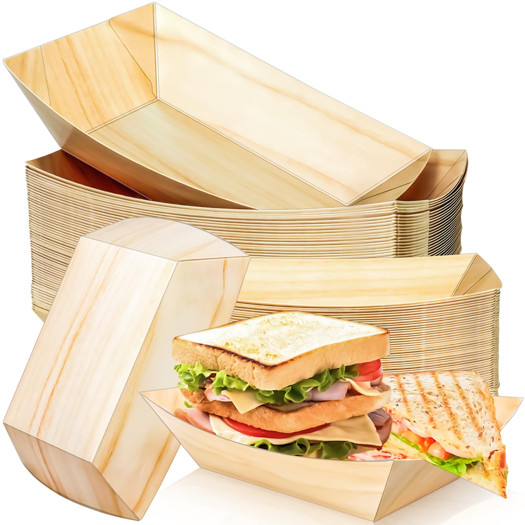 MotBach 50 Pack 3Lb Paper Food Boat Trays Disposable Paper Boats Containers, Wood Grain Kraft Food Serving Tray Boats Plates for Snack Popcorn Dessert