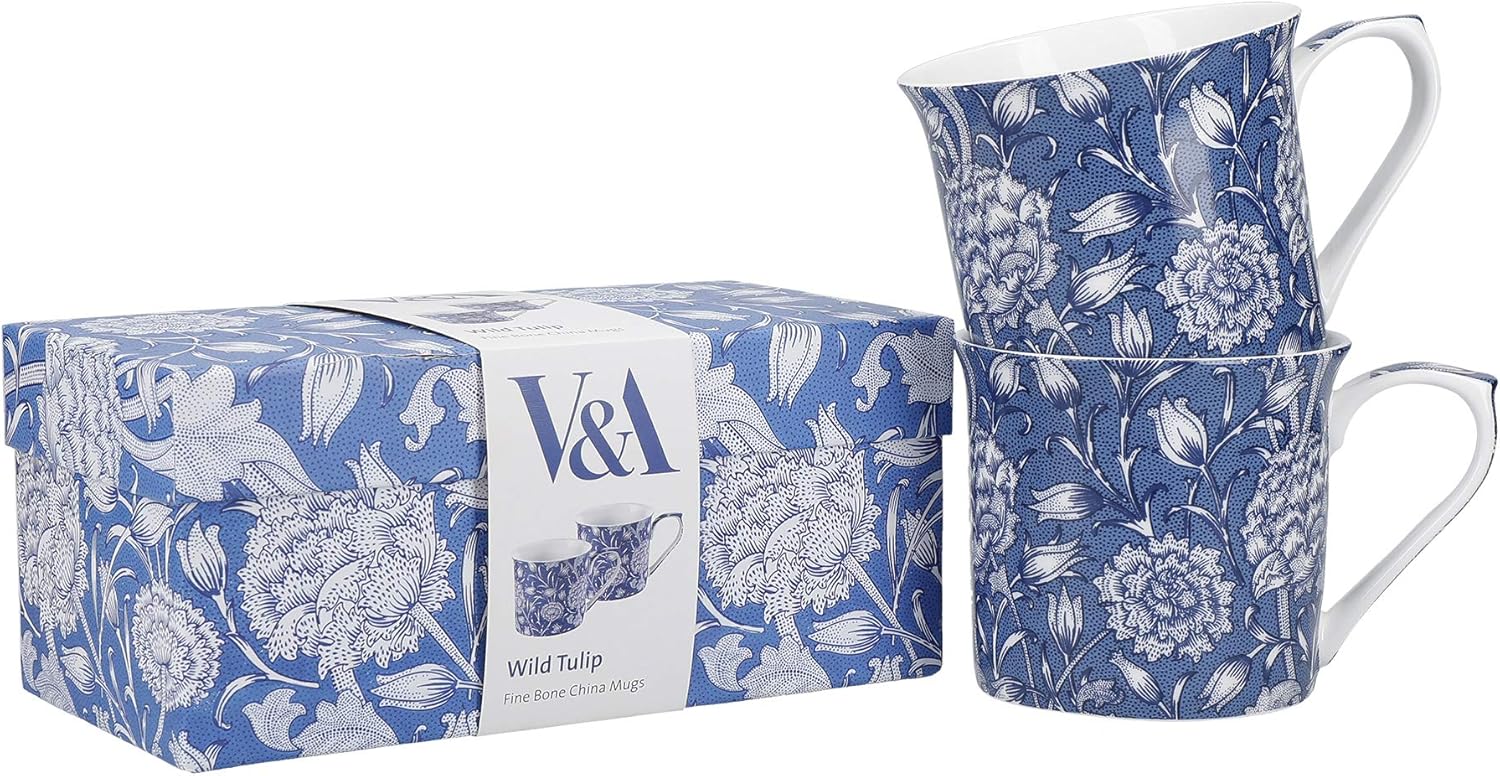 V&A Coffee and Tea Mugs, Porcelain Bone China Mug, William Morris Wild Tulip Design, 300ml, Set of 2, Gift Boxed - Image 5